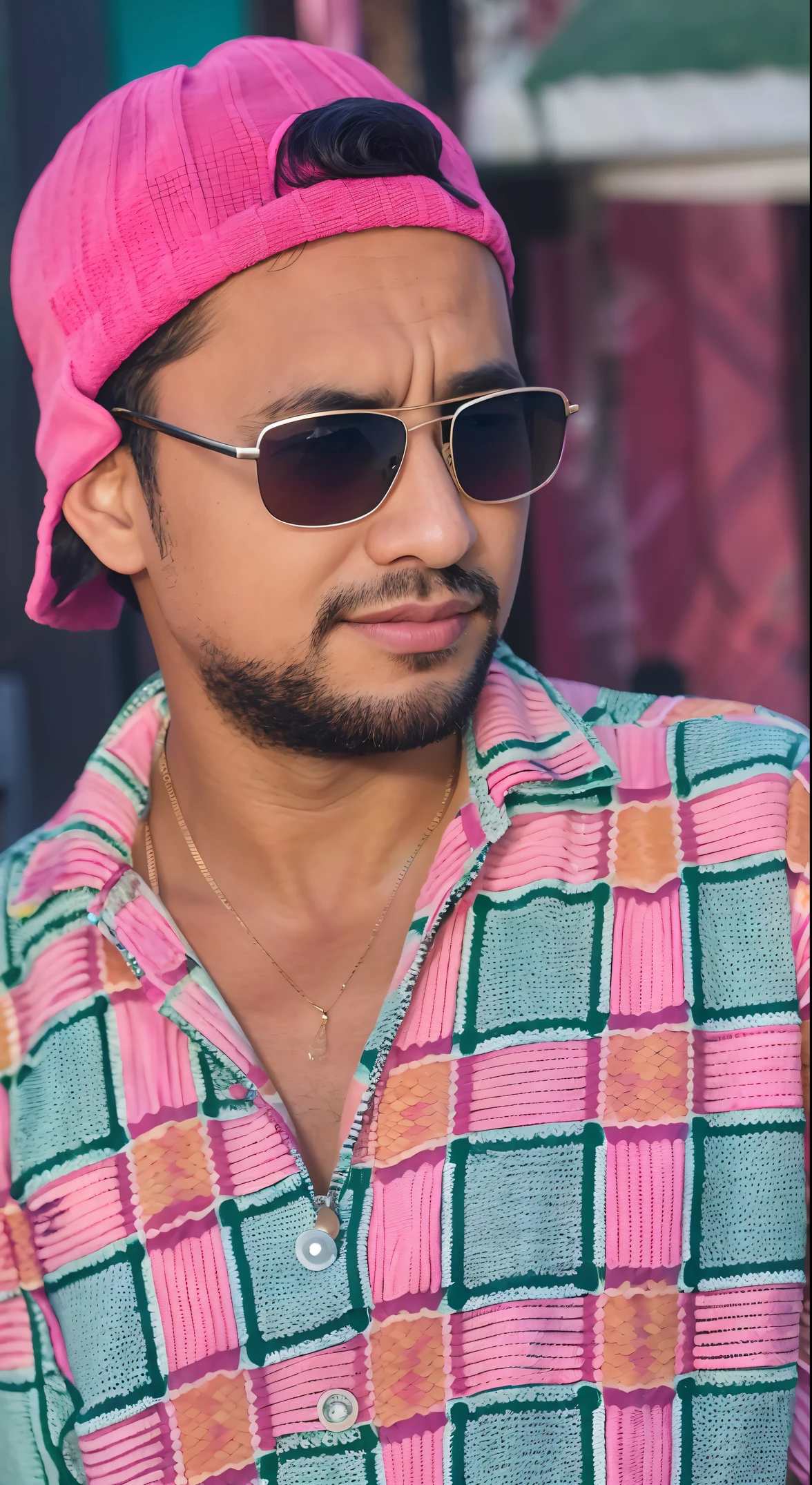 araffe man wearing a pink hat and sunglasses standing in front of a building, with accurate face, candid picture, very very low quality picture, good looking face, shot on nikon z9, shot on canon eos r 5, shot on canon eos r5, with sunglass, shot on sony a 7, looking heckin cool and stylish