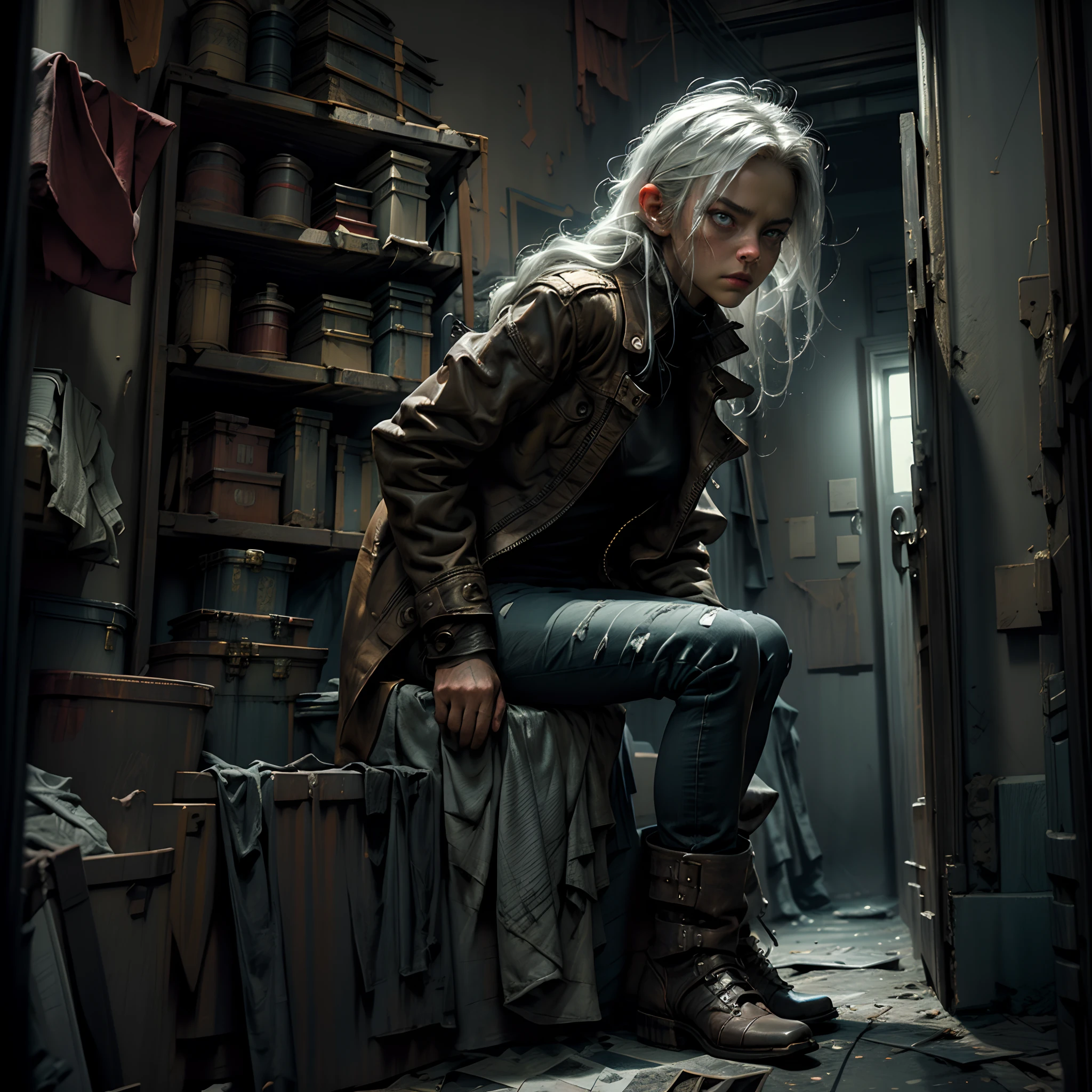 (suspense scene ((CONCEPT ART)), extremely detailed with a girl wearing jeans with brown coat and boots), (better lighting, better shadow, an extremely delicate and scary), (digital illustration), ((4k painting)), [(dynamic angle,((1girl)),white hair, (beautiful face, perfect face, scared,) expression of fear, torn clothes, a gun in hand, sitting on the floor, darkness, scary house),  [:(dark, mysterious, game paint, sinister setting, jagged corridors, big house, deadly silence):]