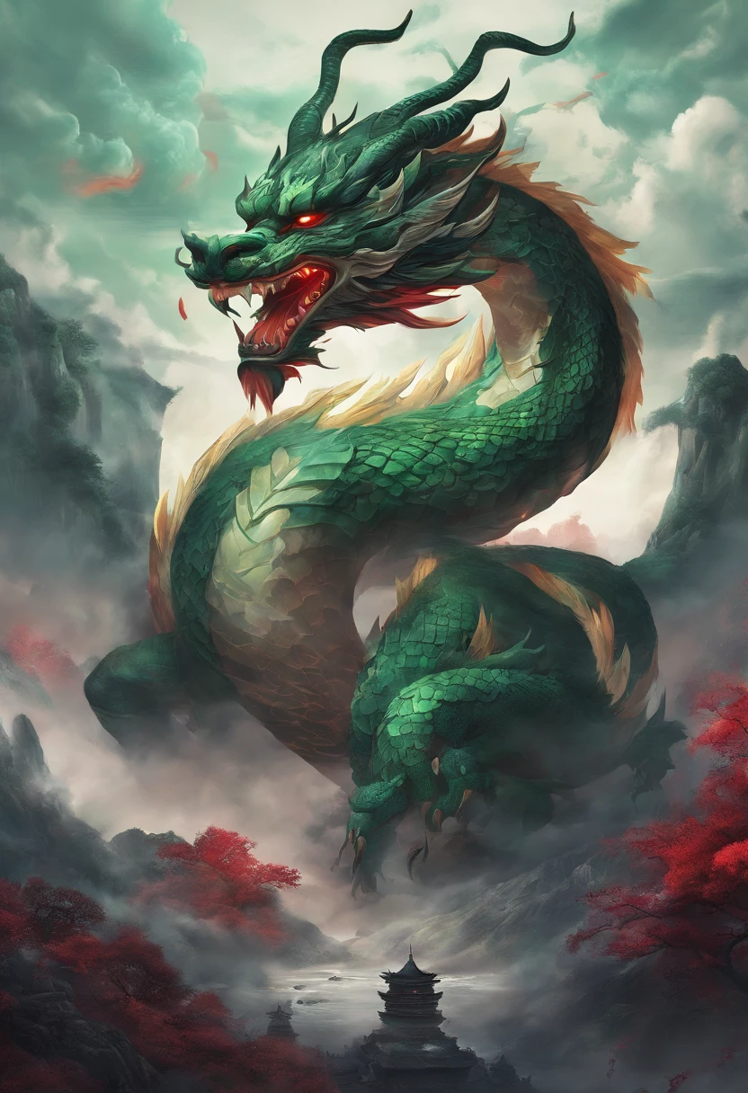 China-style,Chinese mythology,Chinese Green Dragon,tosen,Ferocious,gargantuan,The eyes glow red,Glow effects,surrounded by cloud,Thick clouds,buliding,中景 the scene is,Full body like, highly detailed surreal vfx,oc rendered,