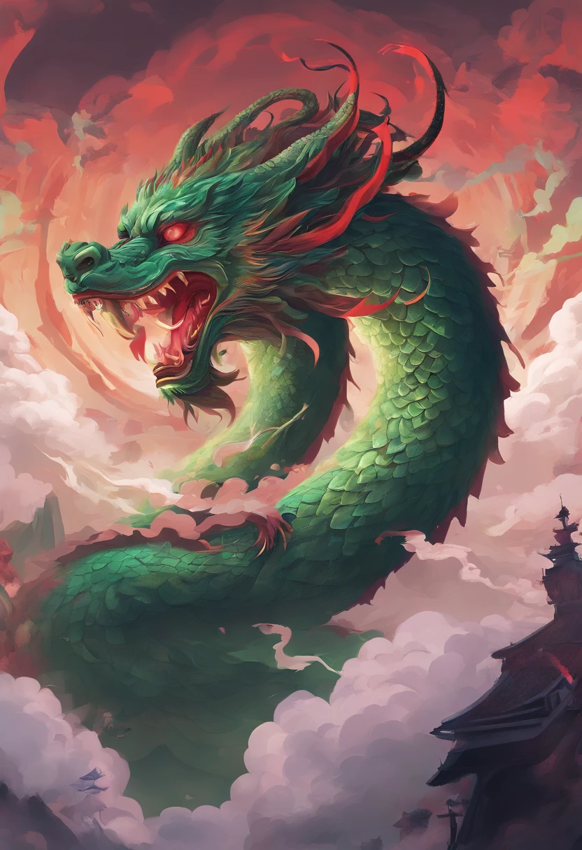 China-style,Chinese mythology,Chinese Green Dragon,tosen,Ferocious,gargantuan,The eyes glow red,Glow effects,surrounded by cloud,Thick clouds,buliding,中景 the scene is,Full body like, highly detailed surreal vfx,oc rendered,