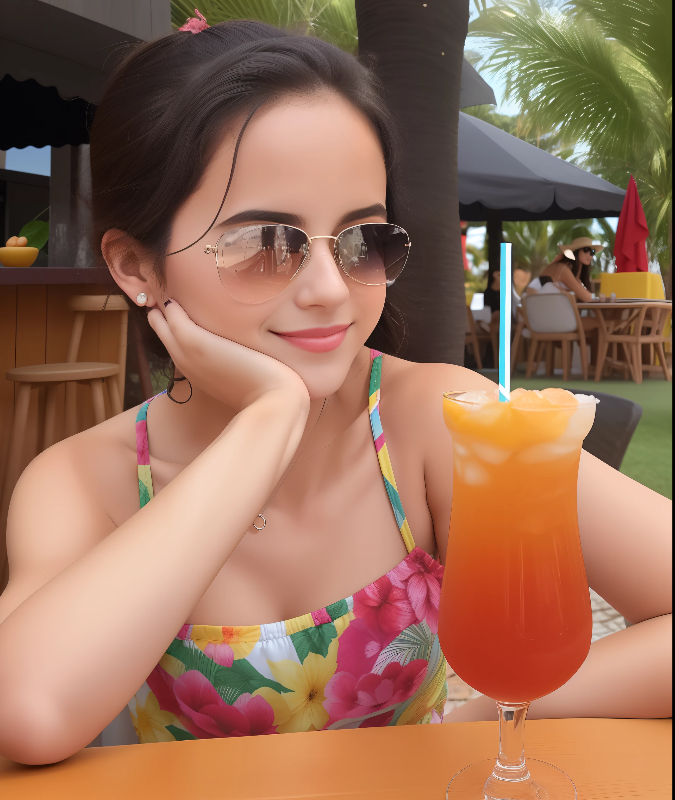 There's a young woman sitting at a table with a drink, with sun glasses, com uma bebida, vacation photo, coquetel de bebida, bonito, menina bonito, 20 anos, 2 0 I, 1 8 I, with sunglasses, beber, linda senhora, Beautiful girl, divertindo-se, foto de perfil, description, Divertindo-se ao sol