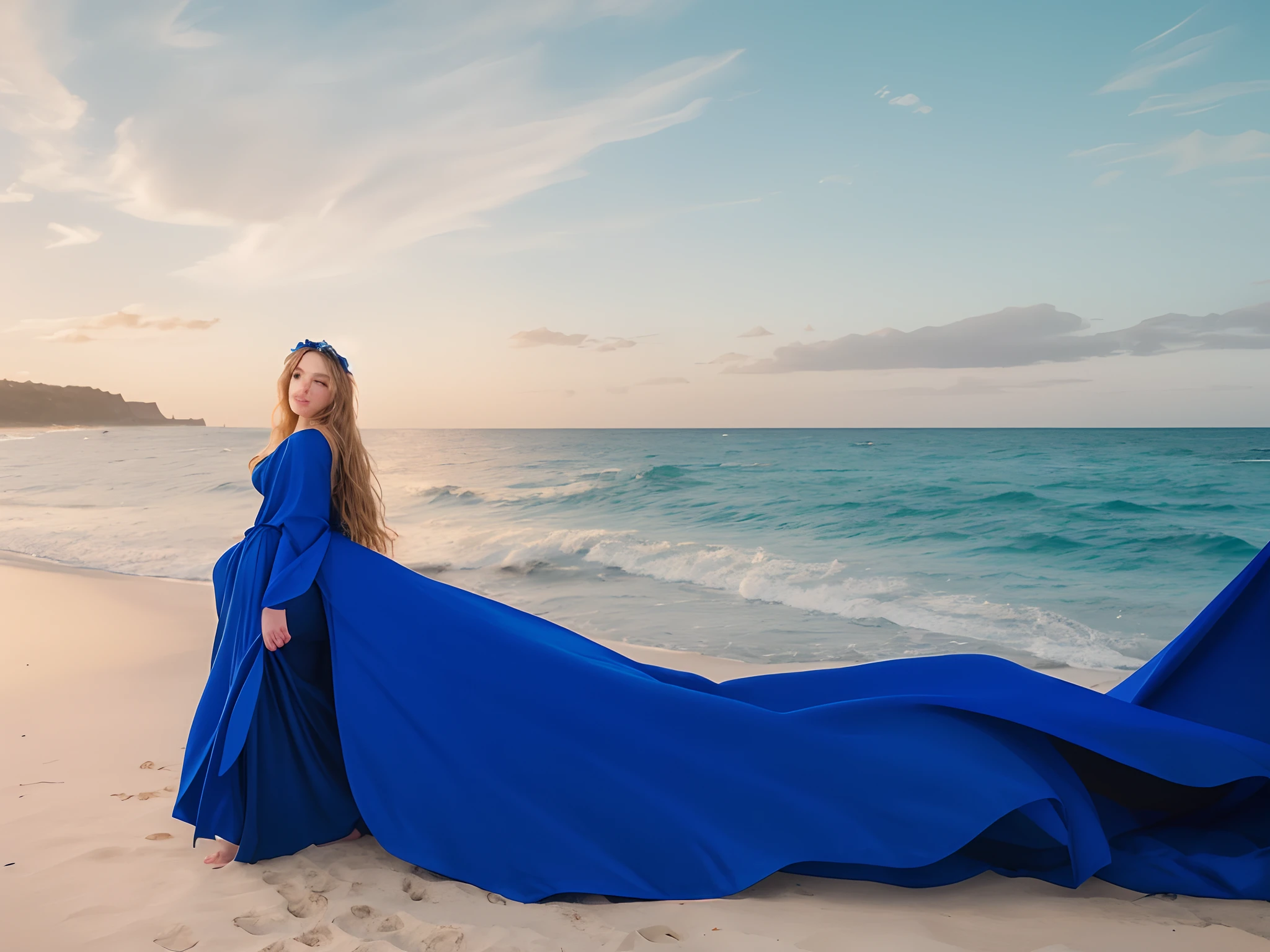 Woman in blue dress standing on the beach with ocean in the background, real photoshoot queen of oceans, Long Blue Cape, posing on a beach with the ocean, long blue dress, fantasy photoshoot, flowy dress, Flowing magic mantle, Dressed in a blue cloak, Long Blue Cape, flowing cape, based on Pierre Puvis de Chavannes, blue cape, Flowing robe