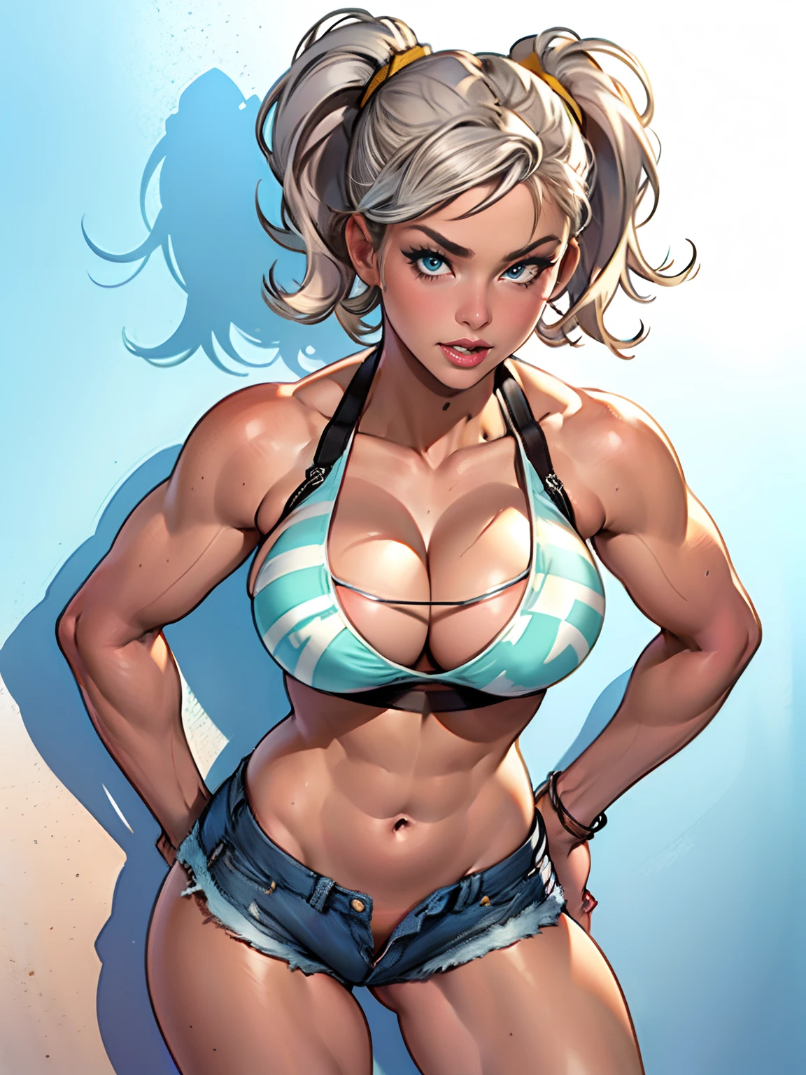 (high quality, best rendering), (beautiful girl), blue eyes, gray hair(bombshell, pin-up style), psychopath, crazy face, sexy pose, jean short shorts, tank top, pastel, centered, scale to fit dimensions, micro thong, micro bikini, camel toe