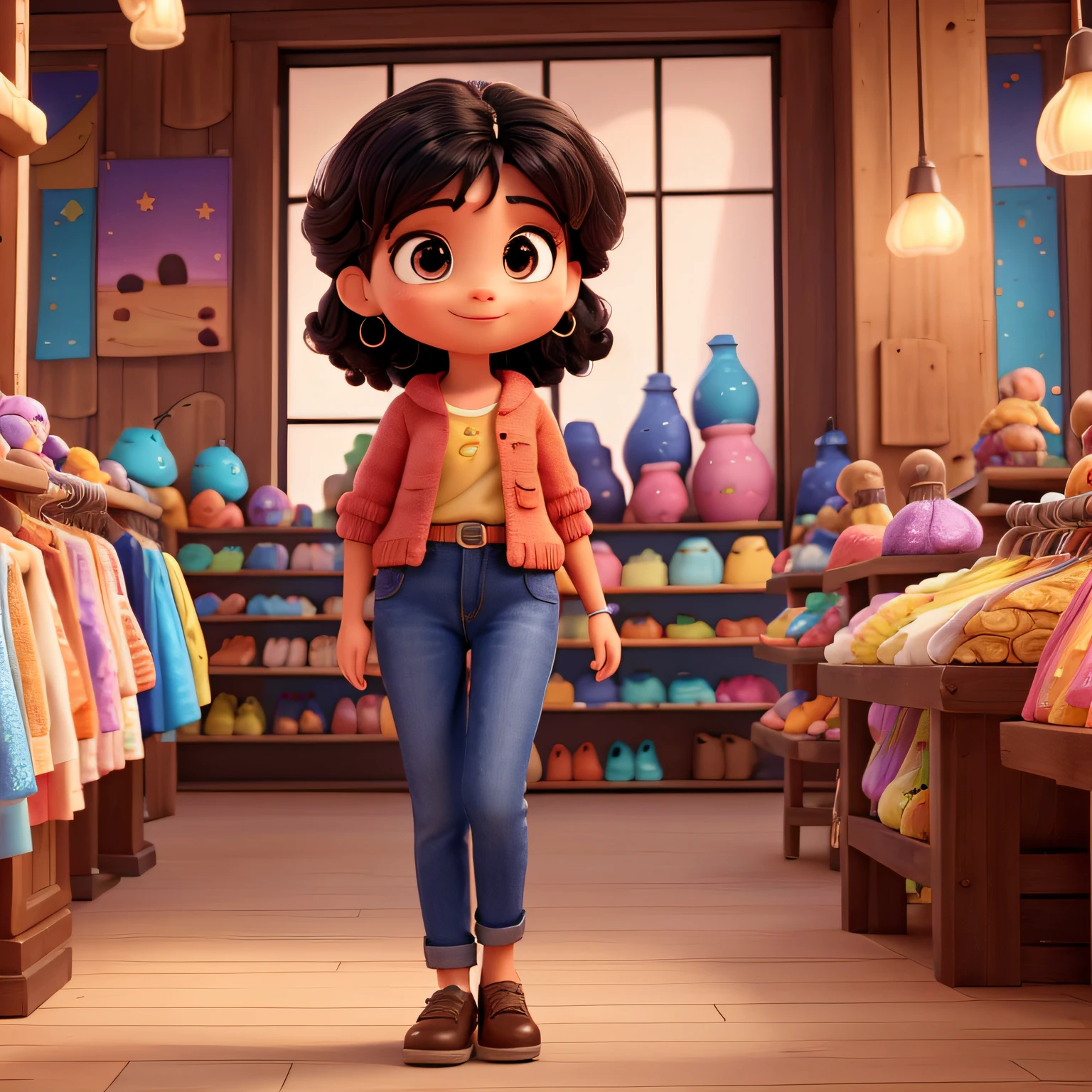 um post de filme pixar 3d Uma linda loja de roupas em tons vibrantes e muitos detalhes encantadores, . personagem principal e Uma mulher que se encontra no meio da loja de aproximadamente 30 anos. cabelos lisos, longos e macios. His eyes are big and black, que brilham de alegria e curiosidade. Ele tem ampla, sobrancelhas expressivas. The setting consists of a colorful and fun children's clothing store with a sign saying "TCHUBI"