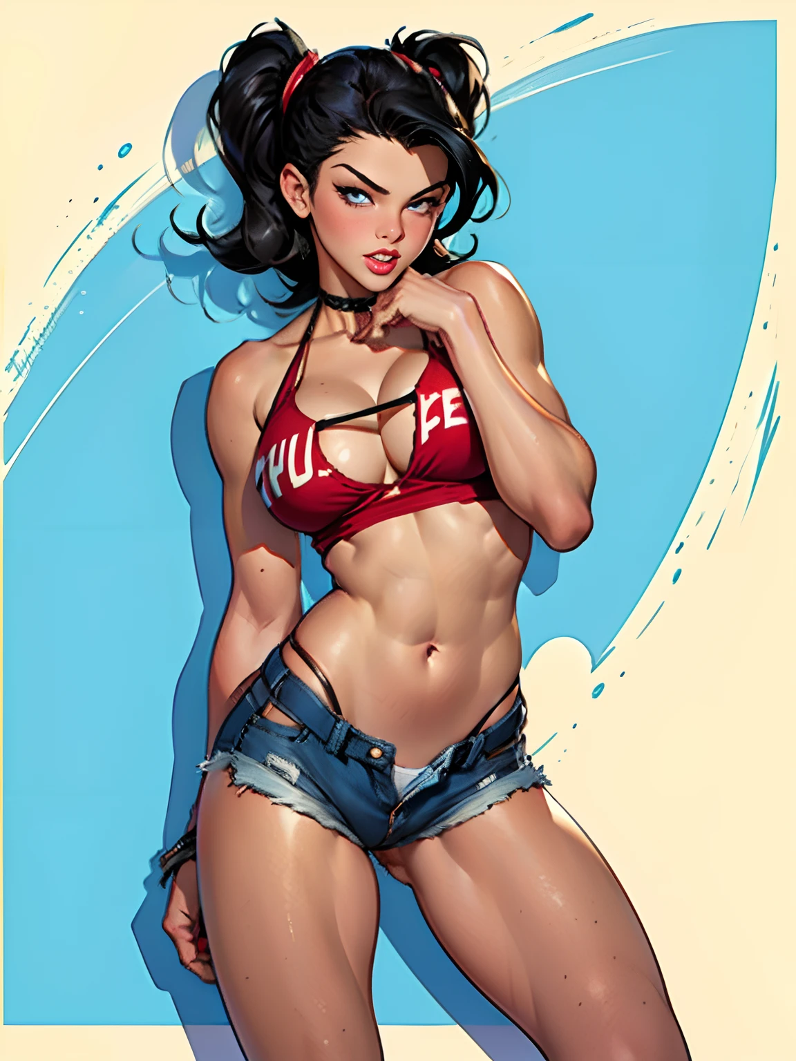 (high quality, best rendering), (beautiful girl), Blue Eyes, black hair(bombshell, pin-up style), psychopath, crazy face, sexy pose, jean short shorts, tank top, pastel, centered, scale to fit dimensions, micro thong, micro bikini, camel toe