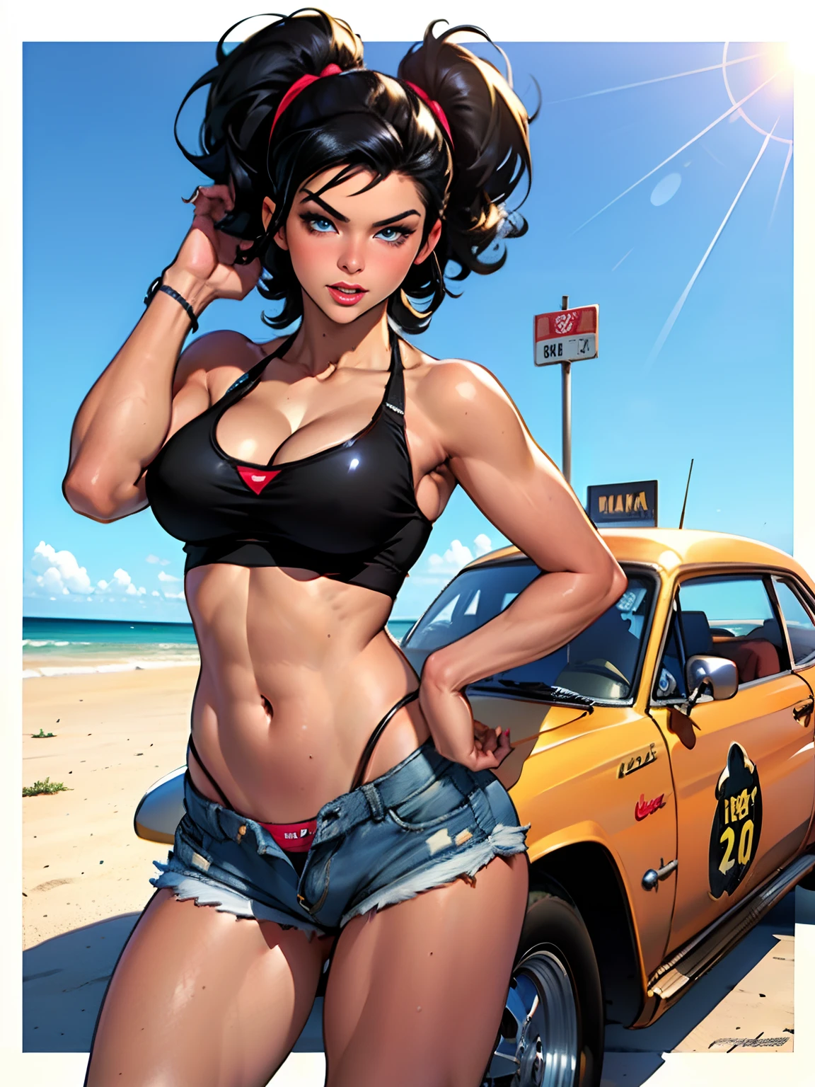 (high quality, best rendering), (beautiful girl), Blue Eyes, black hair(bombshell, pin-up style), psychopath, crazy face, sexy pose, jean short shorts, tank top, pastel, centered, scale to fit dimensions, micro thong, micro bikini, camel toe