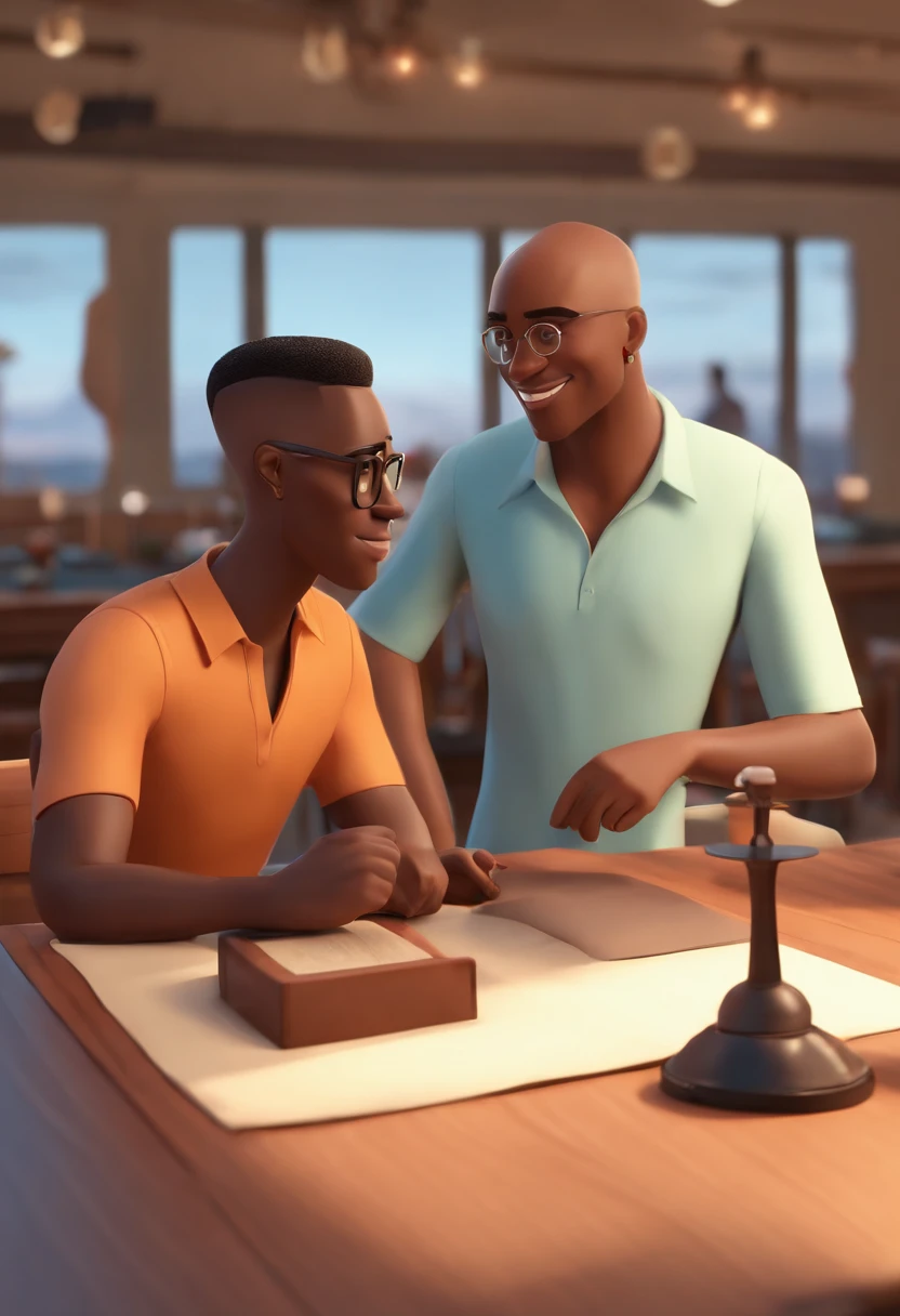 a 3d disney style movie with the text "Ways Cast" a dark-skinned man with square glasses with buzz-cut hair shaved on the side and low hair on top of his head, the other very skinny dark-skinned man with straightened and shaved hair on the side with a straight topknot, with a wooden table with pod cast structure with 2 microphones on the arm support on the table, black curtain behind, all characters with light blue short-sleeved dress shirts, very open image viewing the scene