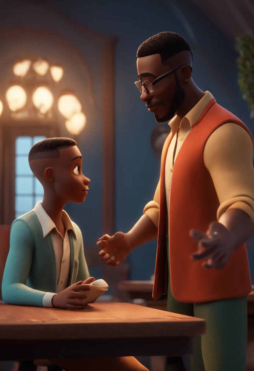 a 3d disney style movie with the text "Ways Cast" a dark-skinned man with square glasses with buzz-cut hair shaved on the side and low hair on top of his head, the other very skinny dark-skinned man with straightened and shaved hair on the side with a straight topknot, with a wooden table with pod cast structure with 2 microphones on the arm support on the table, black curtain behind, all characters with light blue short-sleeved dress shirts, very open image viewing the scene