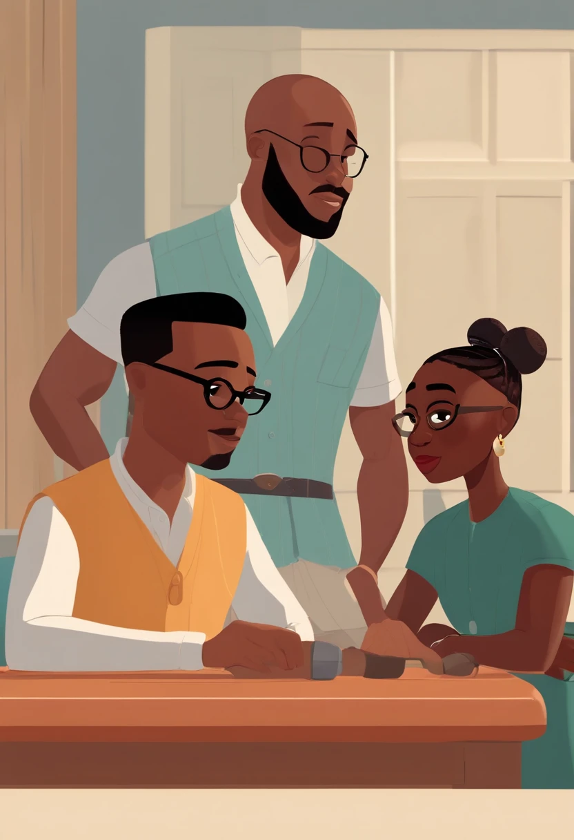a 3d disney style movie with the text "Ways Cast" a dark-skinned man with square glasses with buzz-cut hair shaved on the side and low hair on top of his head, the other very skinny dark-skinned man with straightened and shaved hair on the side with a straight topknot, with a wooden table with pod cast structure with 2 microphones on the arm support on the table, black curtain behind, all characters with light blue short-sleeved dress shirts, very open image viewing the scene