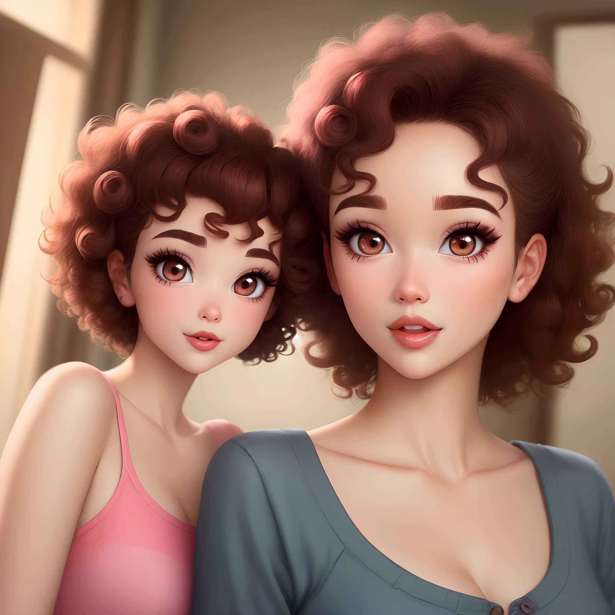 Woman Medium Skin Curly Hair Big Dark Brown Small Pink Mouth Big Brown Eyes Big Eyelashes Pixar Style