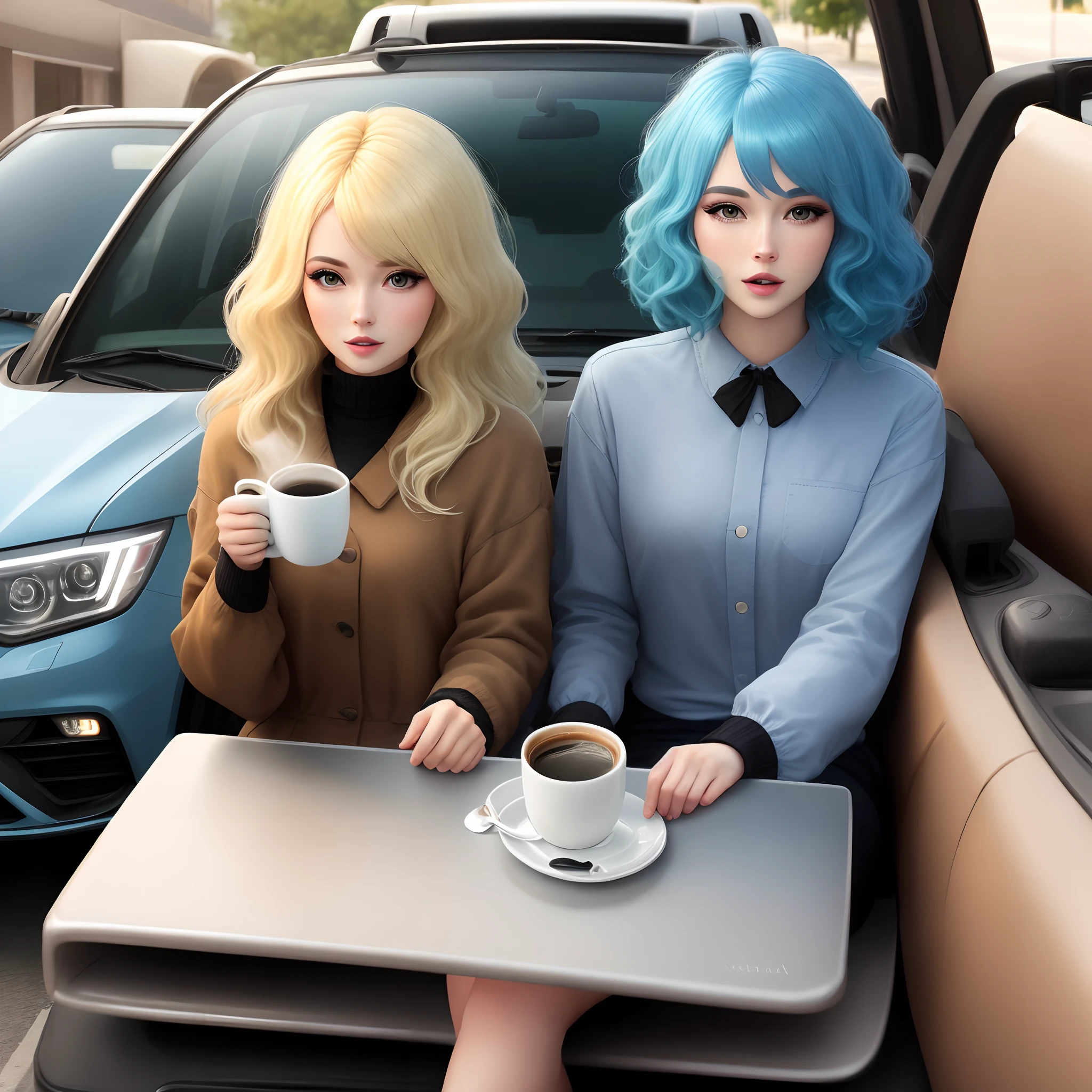 Create a blonde with blue hair drinking coffee on top of a black car