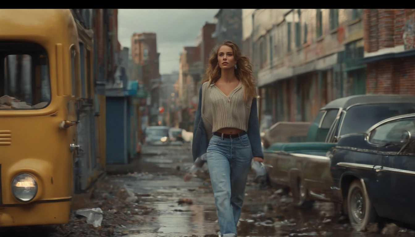 masterpiece, best quality, 1girl, walking on sidewalk, hip hop woman, baggy pants, retro, suburban, suburbia, 1990s, white beanie, outdoor, laid-back, puddles, drain, rebellious, bedraggled, ((graffiti)), ((trash)), dirt lying around, leaves, ((broken concrete)), city, symmetric eyes, hands in pockets, clouds, overcast, detailed face,