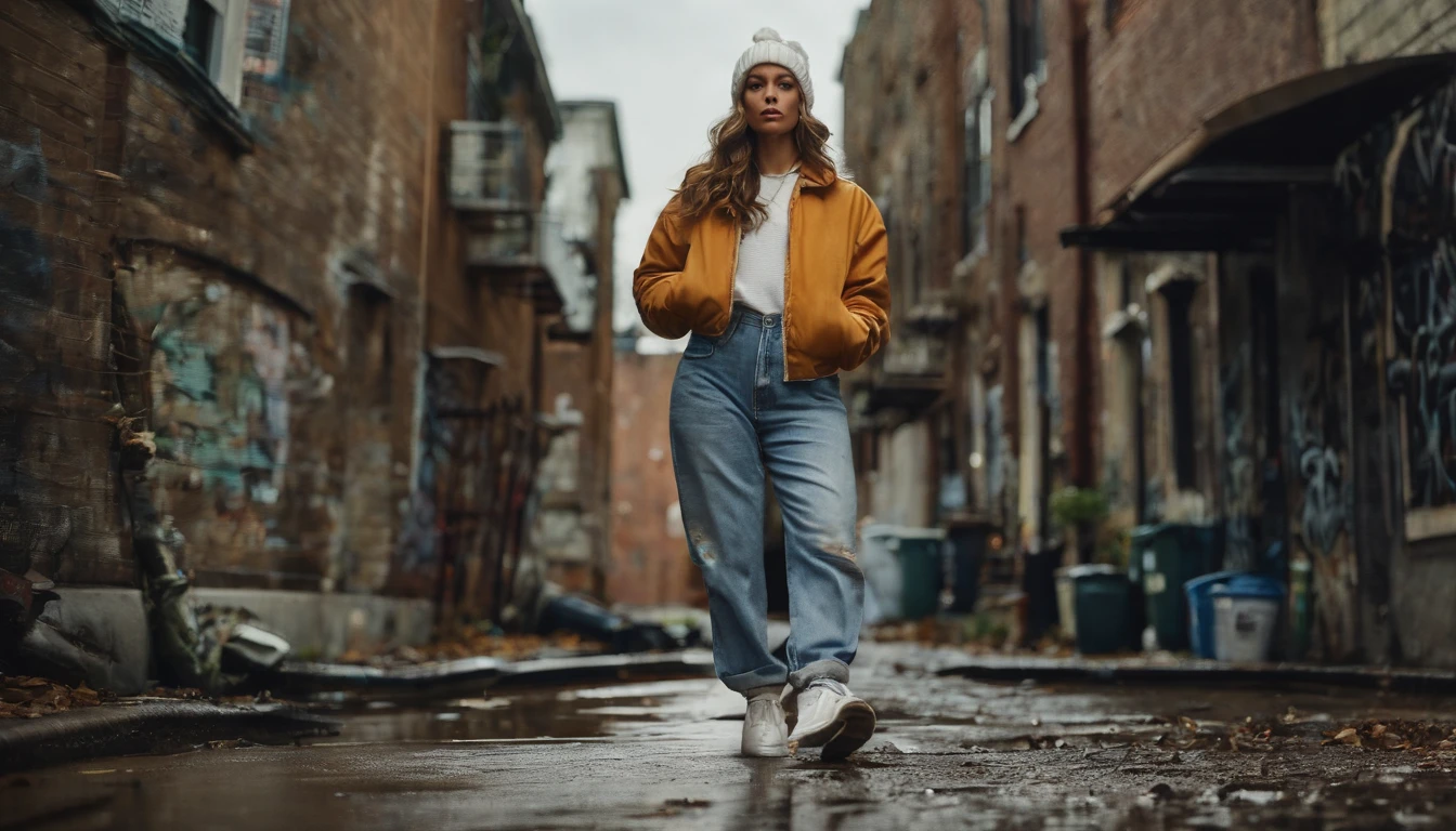 masterpiece, best quality, 1girl, walking on sidewalk, hip hop woman, baggy pants, retro, suburban, suburbia, 1990s, white beanie, outdoor, laid-back, puddles, drain, rebellious, bedraggled, ((graffiti)), ((trash)), dirt lying around, leaves, ((broken concrete)), city, symmetric eyes, hands in pockets, clouds, overcast, detailed face,