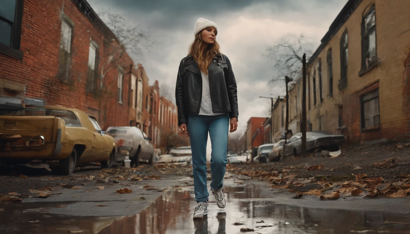 masterpiece, best quality, 1girl, walking on sidewalk, hip hop woman, baggy pants, retro, suburban, suburbia, 1990s, white beanie, outdoor, laid-back, puddles, drain, rebellious, bedraggled, ((graffiti)), ((trash)), dirt lying around, leaves, ((broken concrete)), city, symmetric eyes, hands in pockets, clouds, overcast, detailed face,