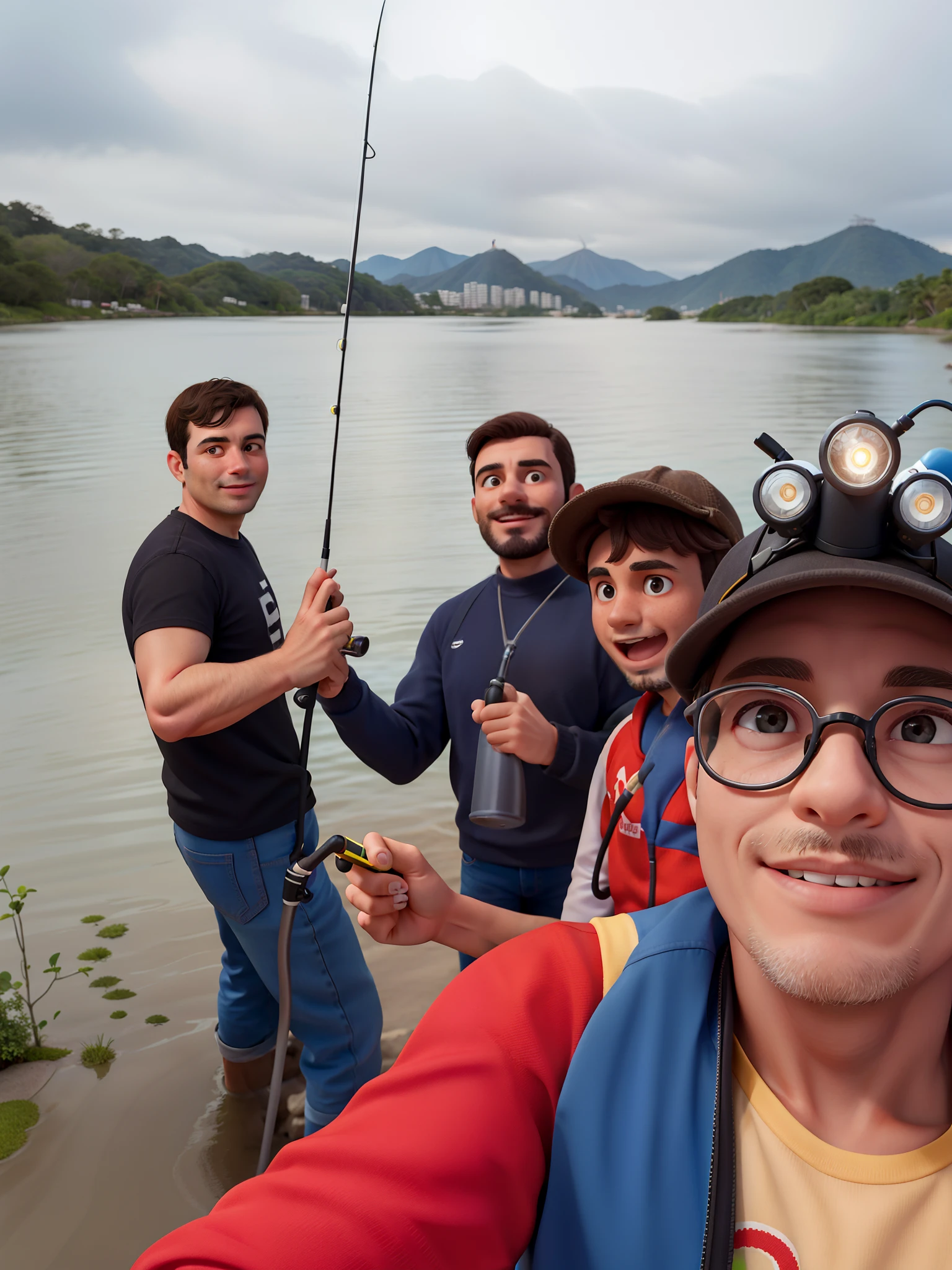 obra-prima, alta qualidade melhor qualidade, 4 amigos dentro do rio para pescar. The first one is middle-aged and this one with a flashlight on his head. The second is a younger brunette. The third is dark and holds a fishing rod. E o quarto esta fazendo positivo.