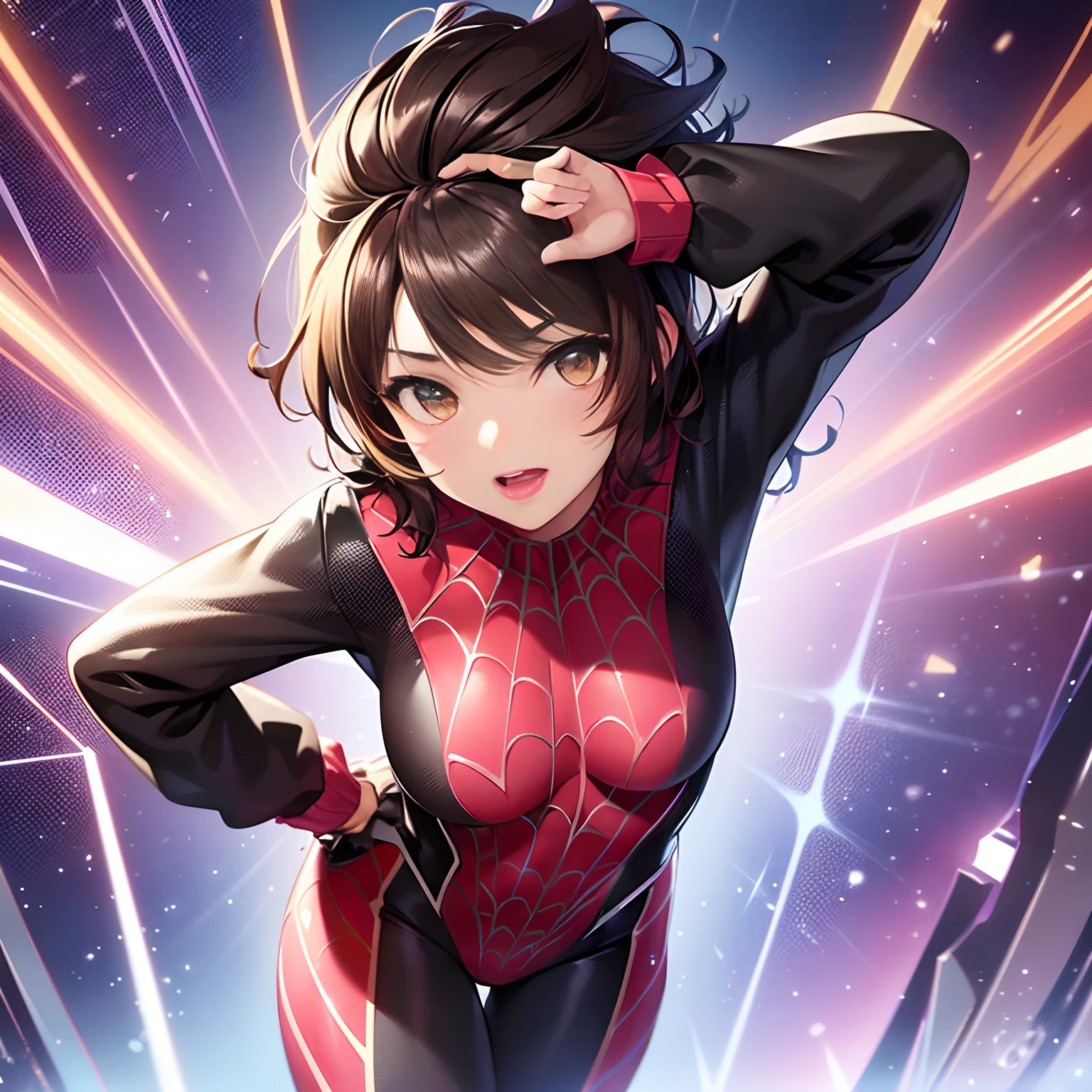 Spiderverse characters, young lady, slightly short brown hair, brown eyes, very light skin color, ice power, in New York, pale, 16 years old, Spiderverse comic, illustrations, ultra-detailed, realistic, high-quality, 4k resolution, vivid colors, vibrant lighting, bokeh