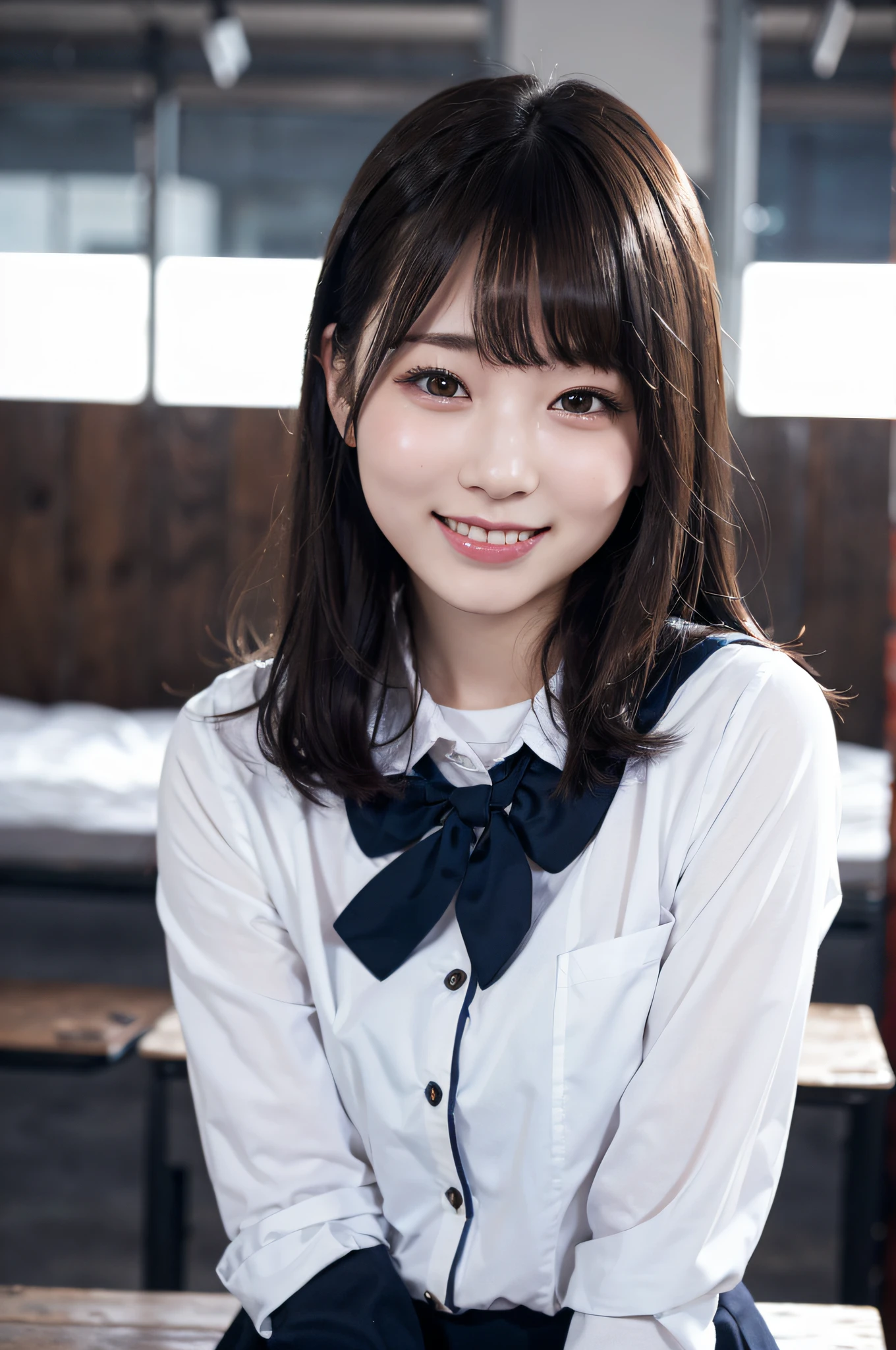 Enhanced dynamic perspective，Cute cute beautiful girl，JK school uniform，Look at me and smile，simple backgound，Works of masters，high qulity，4K分辨率，super-fine，Detailed pubic hair，Accurate，Cinematic lighting，