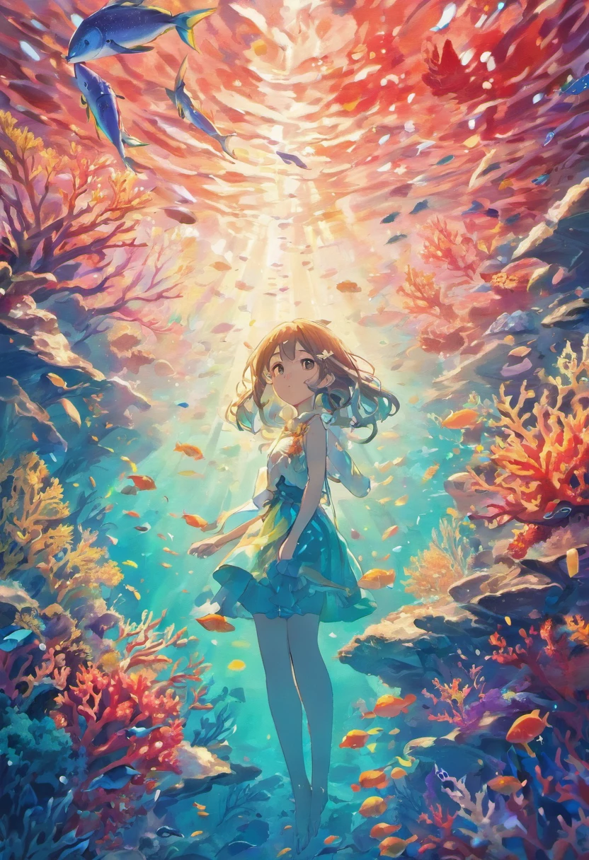 Colorful and beautiful corals underwater world projected in a human's eye