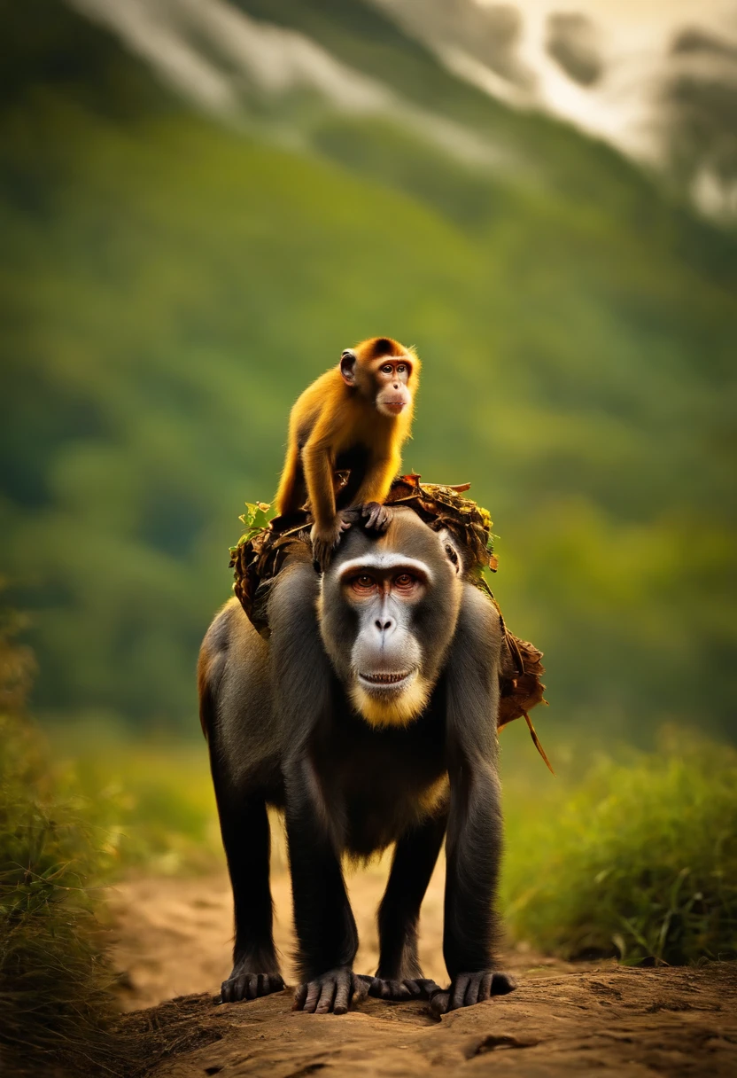 A monkey that's on the back of a turtle that's on the back of a big one, Imposing cow on its head