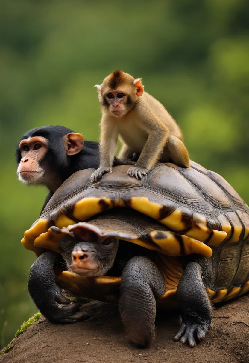 A monkey that's on the back of a turtle that's on the back of a big one, Imposing cow on its head