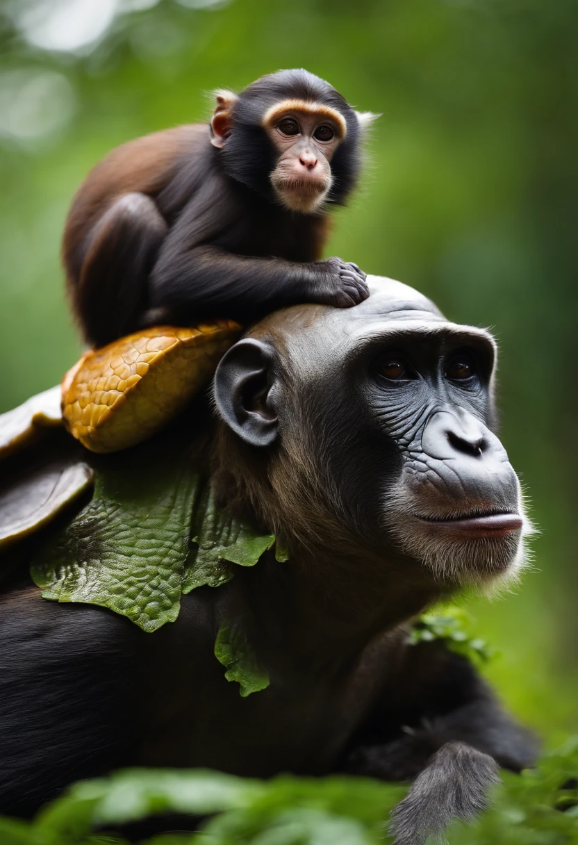 A monkey that's on the back of a turtle that's on the back of a big one, Imposing cow on its head