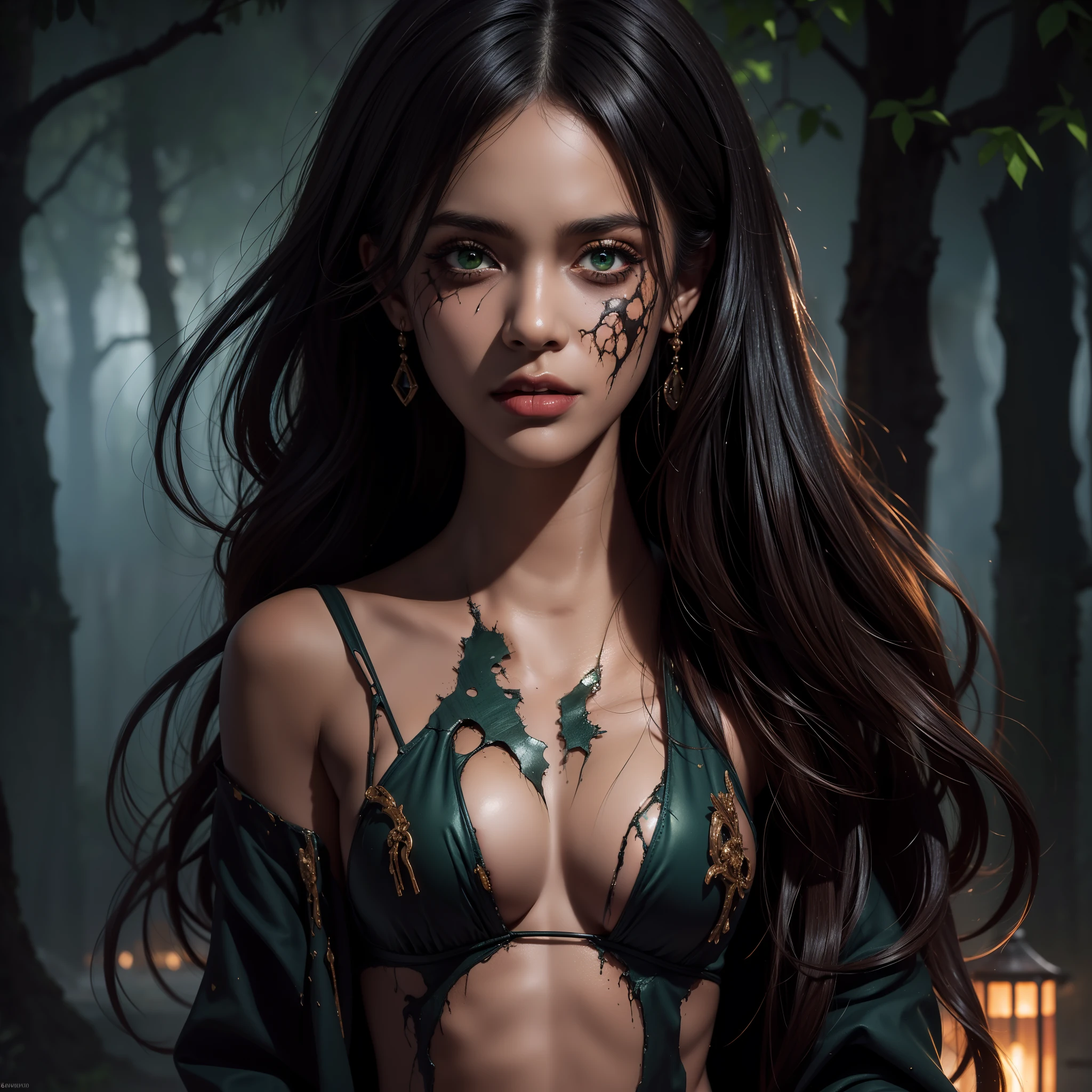 (8k wallpaper with extremely detailed CG unit, masterpiece, best quality, ultra-detailed), (best lighting, best shadow), (a perfect and symmetrical face of (((a beautiful zombie woman, decaying skin))), with green eyes that reflect the beauty of the world), sexy pose, full body, attractive, floating, high resolution, dynamic angle, dynamic pose, graveyard background, Dark night.