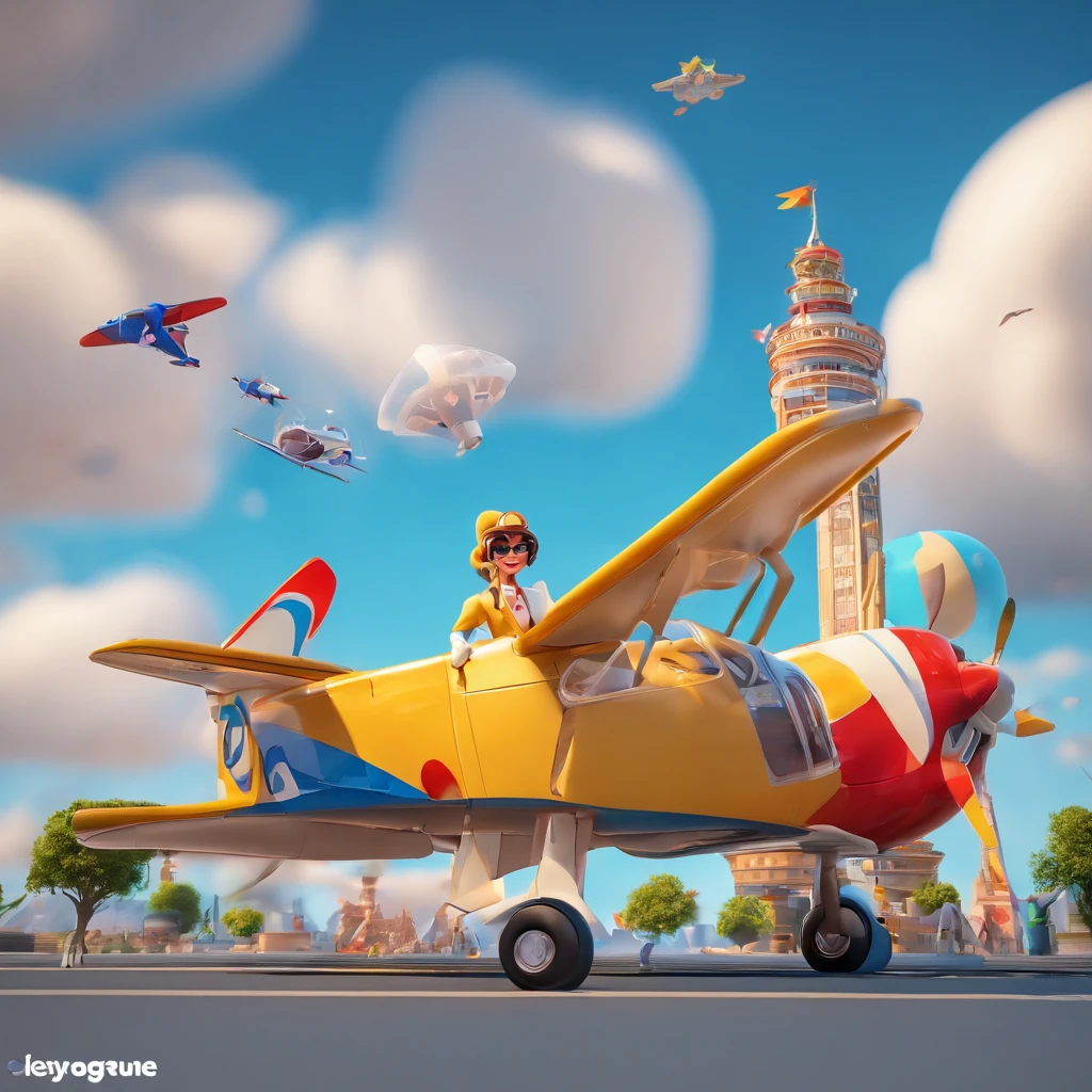 Create a Disney Pixar-inspired poster featuring the character being a flight attendant in a suit and giant planes next to the blue one on a beautiful day and blue sky with some clouds in Rio de Janeiro.