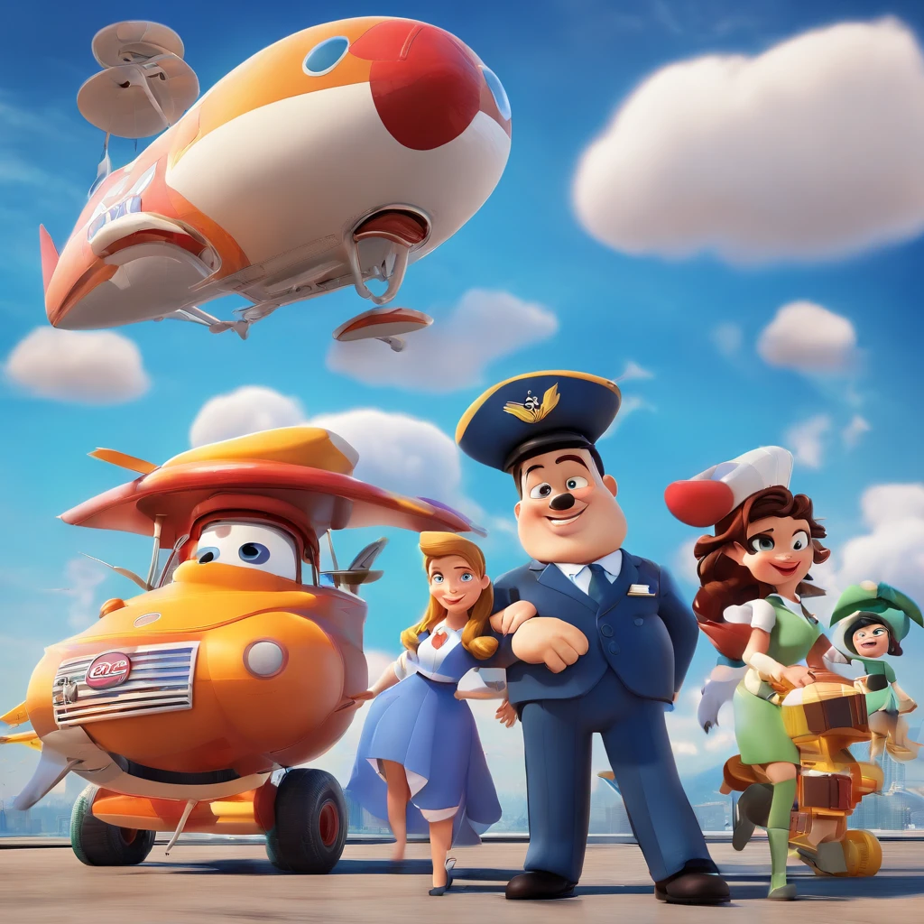 Create a Disney Pixar-inspired poster featuring the character being a flight attendant in a suit and giant planes next to the blue one on a beautiful day and blue sky with some clouds in Rio de Janeiro.