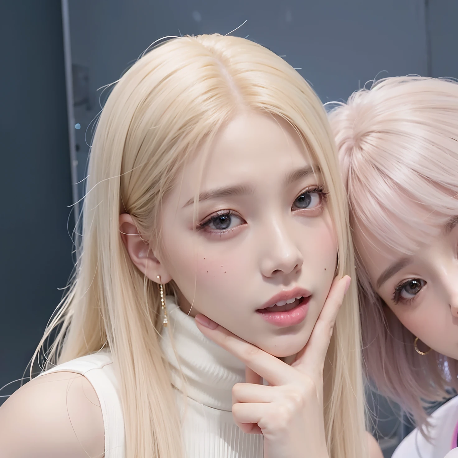Two young women posing for a photo in front of a blue wall, Parque Roseanne de Blackpink, Jossi de Blackpink, Retrato de Jossi de Blackpink, Su cabello es blanco, rosa negro, Lalisa Manoban de Blackpink, Jaeyeon Nam, Retrato Jisoo Blackpink, Lalisa Manobal, con el pelo largo y blanco, Jisoo de Blackpink, Jisoo de Blackpink