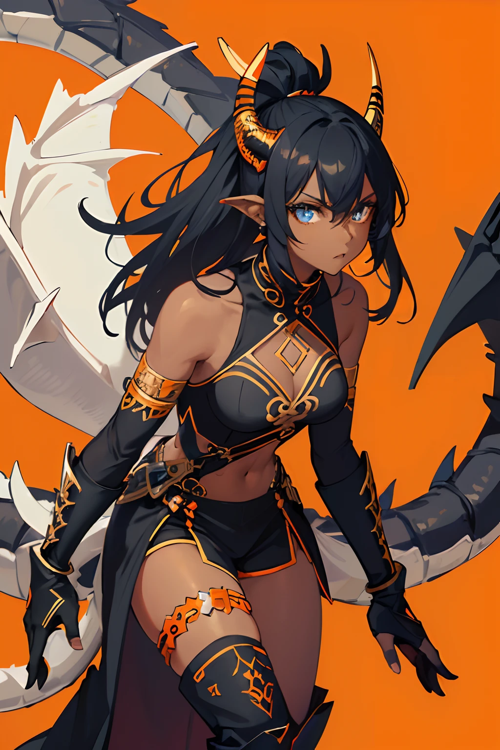 1girl , (((Dark Skin)))), Black Hair with Ponytail, (((Blue Eyes))), ((Black Metallic Gauntlets and Greaves with Orange and Silver Highlights)), (((The Clothes Have a Mix of Modern and Tribal))), (((The Clothes Have a Mix of Modern and Tribal))), having mostly the color black, but having parts in orange, shoulders exposed, at the hip a shorts that extend to half of the thigh of black color. ((Black Overcoat with a orange inner part)) absurd res, best res, high res, best face, best eyes, ((((Dragon tail))))
