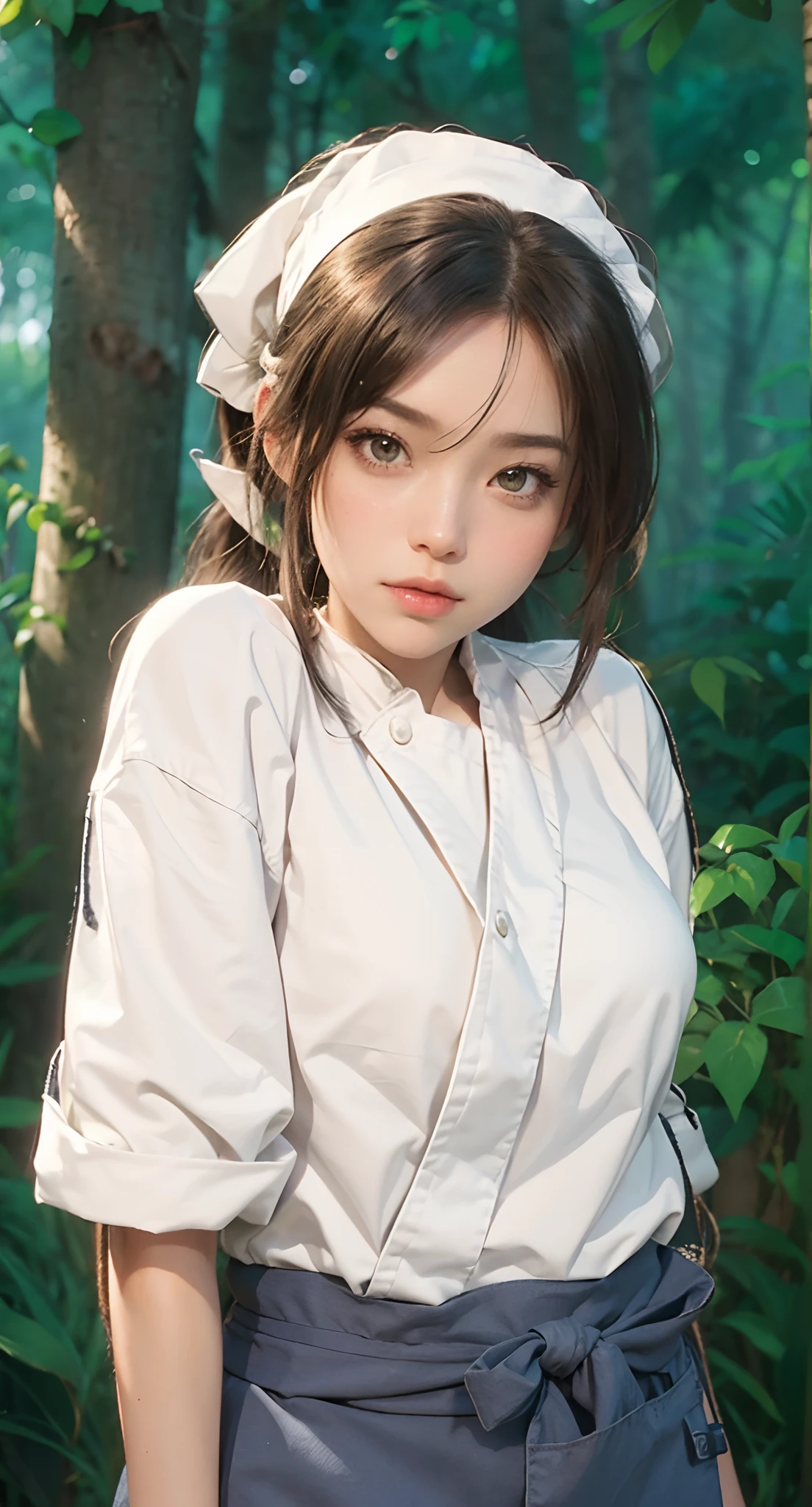 Real life adaption of this character, beauty face,looking to viewer,realistic same hair ,realistic jungle with many grass background, hyper realistic, realistic light, realistic shadow, realism,(photorealistic:1.2), (realistic same outfit White female chef outfit ),Wearing an apron and a ribbon tied around her waist