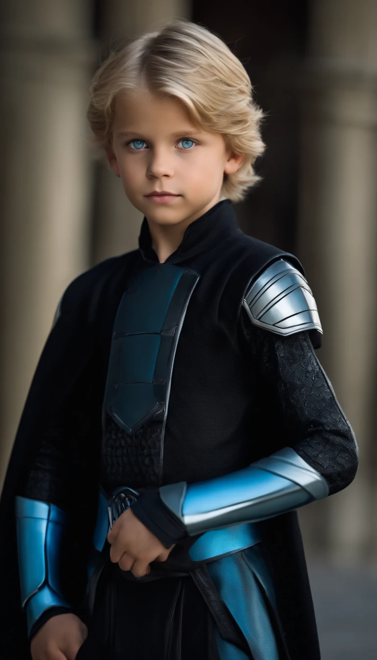 boy man blonde hair light blue eyes with black padawan full body outfit boy