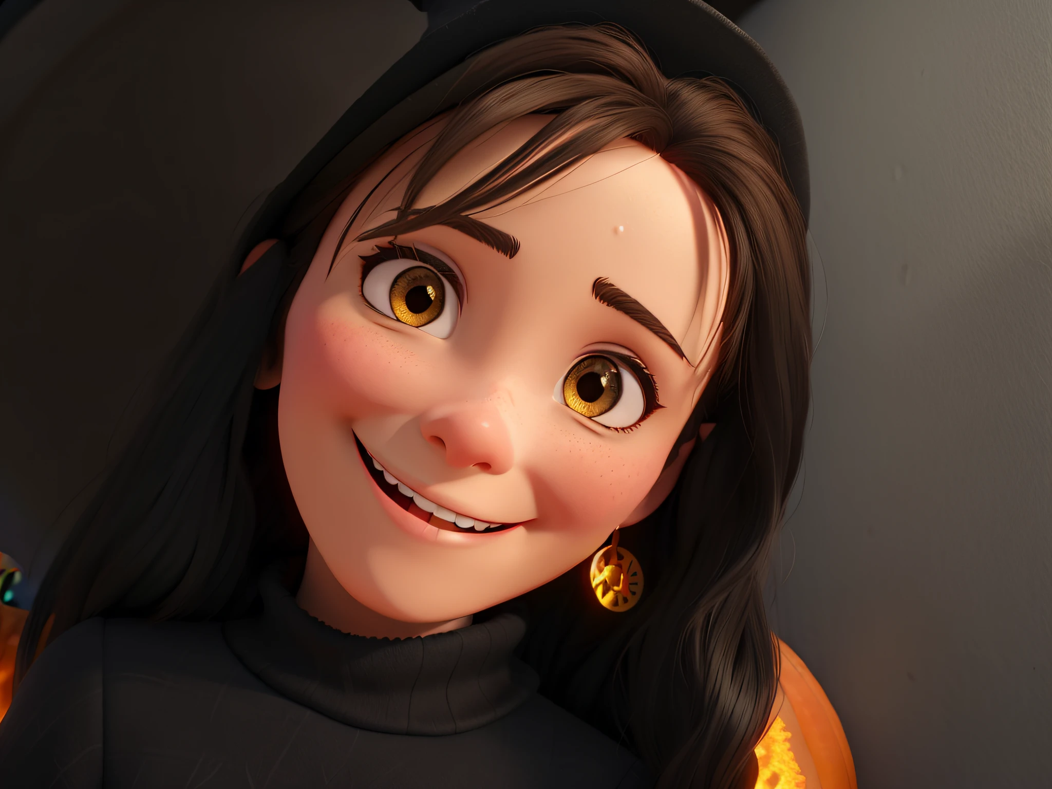 A brunette witch in Disney Pixar style, in high quality, smiling at a Halloween pumpkin