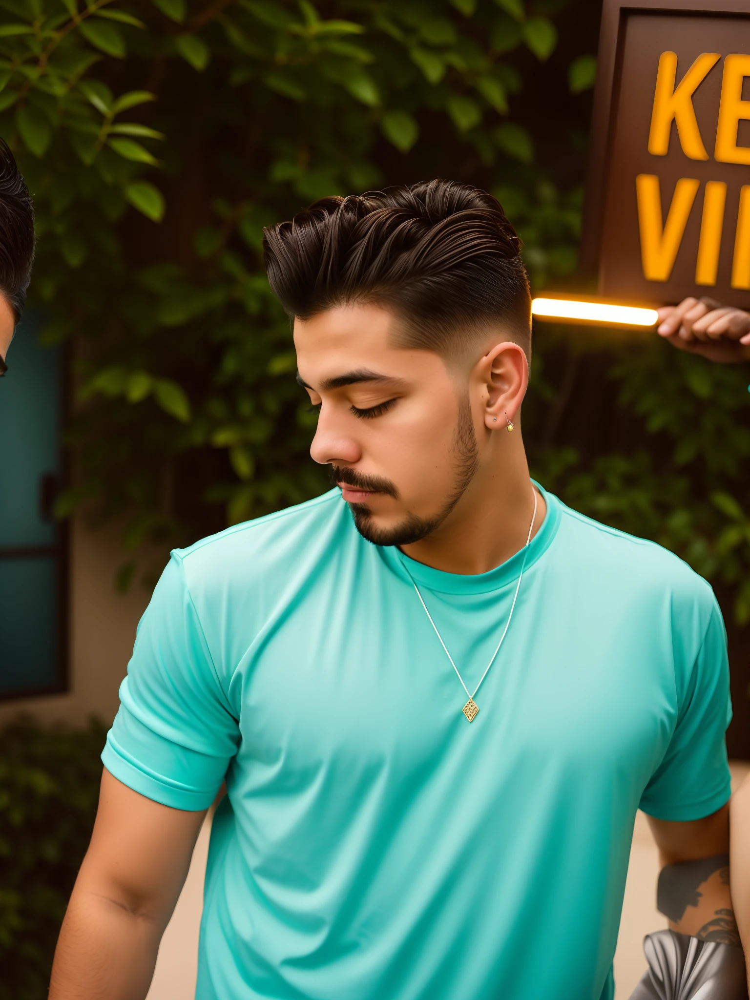 There's a Disney Pixar-style man standing in front of a sign with a cell phone, inspirado em Robbie Trevino, short hair on top of his head, Directed by: Robbie Trevino, inspired by Alonso Vázquez, corte de cabelo undercut, inspirado em Jorge Velarde, inspirado em Rodolfo Amoedo, inspired by Antônio Parreiras, corte de cabelo moderno tudo no estilo Disney pixar