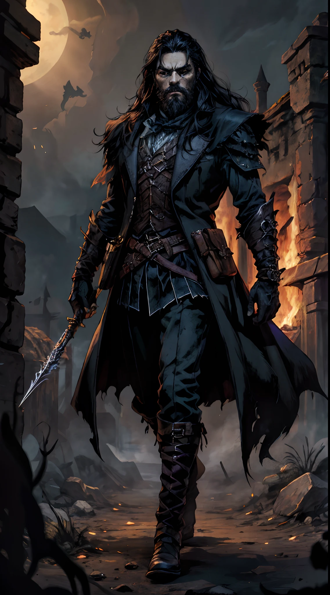 An old man with long black hair, black beard, a, deep and resolute eyes, glowing red eyes, well-defined features, stands on an endless dark castle, a dark fantasy-style outfit, black cloack, dark suit, combining elements of Central Asian ethnic clothing with, a thick and long vest-like coat, design in anime style, characterized by a sophisticated and mature manga illustration art style, full body character drawing, high definition, best quality, highres, ultra-detailed, ultra-fine painting, extremely delicate, professional, anatomically correct, symmetrical face, extremely detailed eyes and face, high quality eyes, creativity, RAW photo, UHD, 8k, Natural light, cinematic lighting, masterpiece:1.5, dark spooky field.