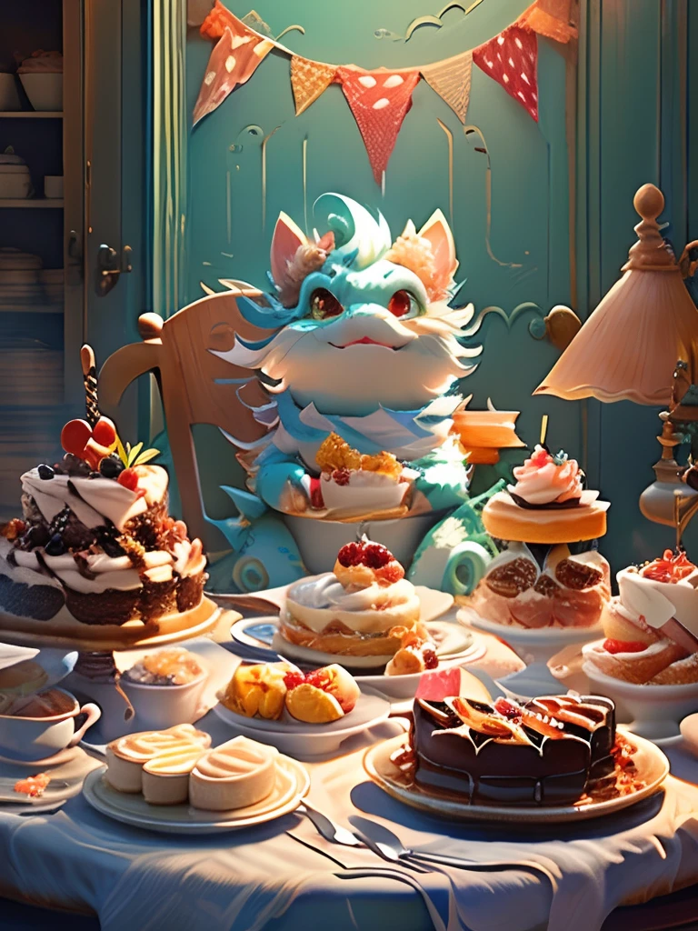 Cute dragon on a chair, Eat cake on the table,