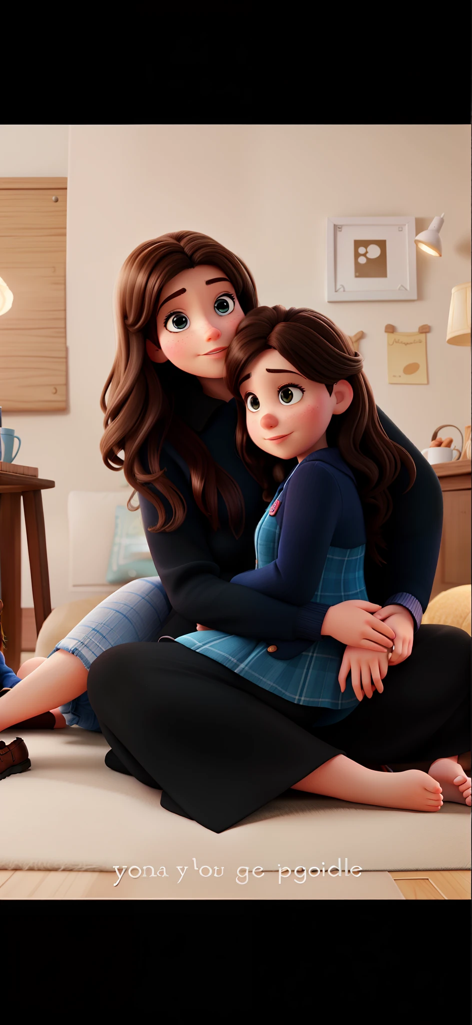 A brunette mother sitting with daughter on her lap pixar style