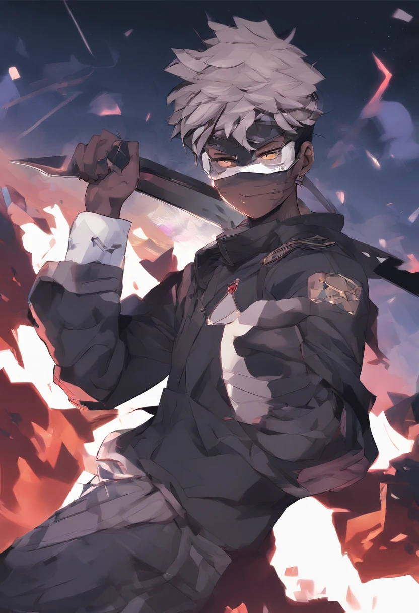 masterpiece:1.4), (best qualit:1.4), (high resolution:1.4), , (Best quality, 8k, 32k, Masterpiece, UHD:1.2) anime dark skin boy with face-mask on and a knife in his hand, he also has long cornrows, anime moe artstyle, anime style 4 k, anime boy, young anime man, badass anime 8 k, high quality anime artstyle, detailed digital anime art, with index finger, trigger anime artstyle, anime art wallpaper 8 k, 4k anime wallpaper, key anime art, high quality fanart