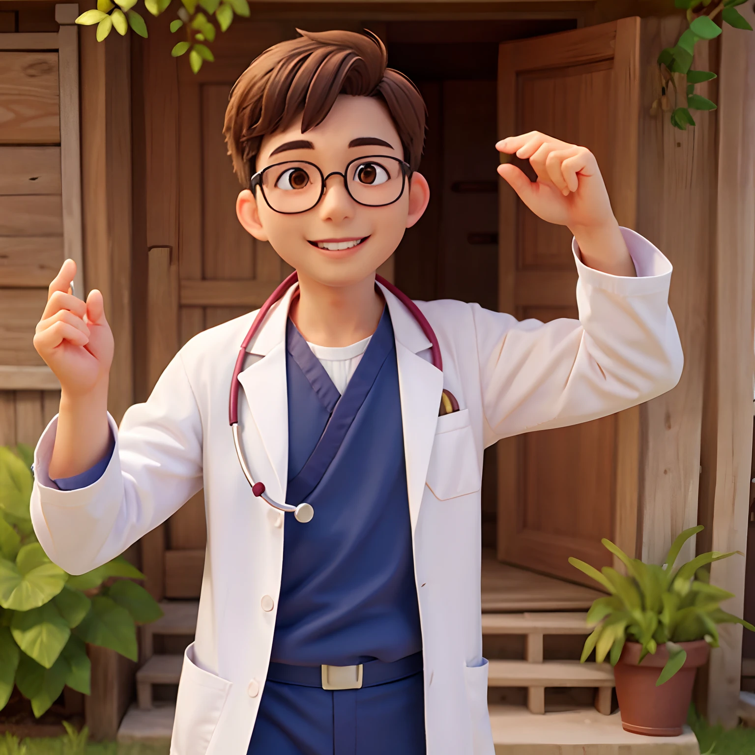 man doctor in rural area, brown eyes, glasses, happy