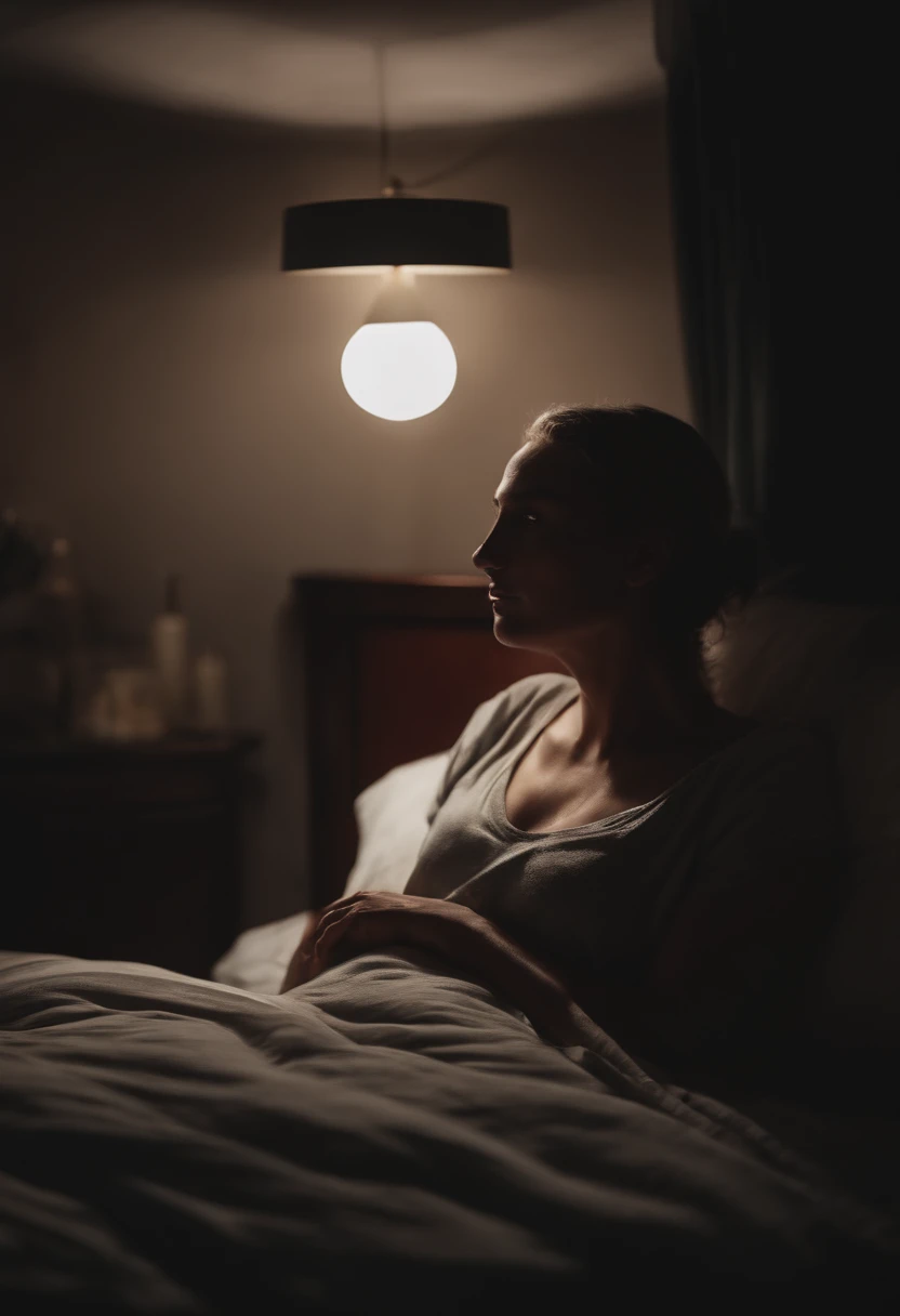 "Create a mysterious scene depicting a person who turns off the lights and gets into bed for the night."