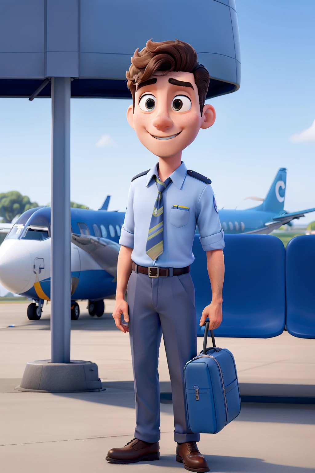 Obra-prima, de melhor qualidade, Of a young male flight attendant at an airport with blue planes and some trees, estilo Disney pixar