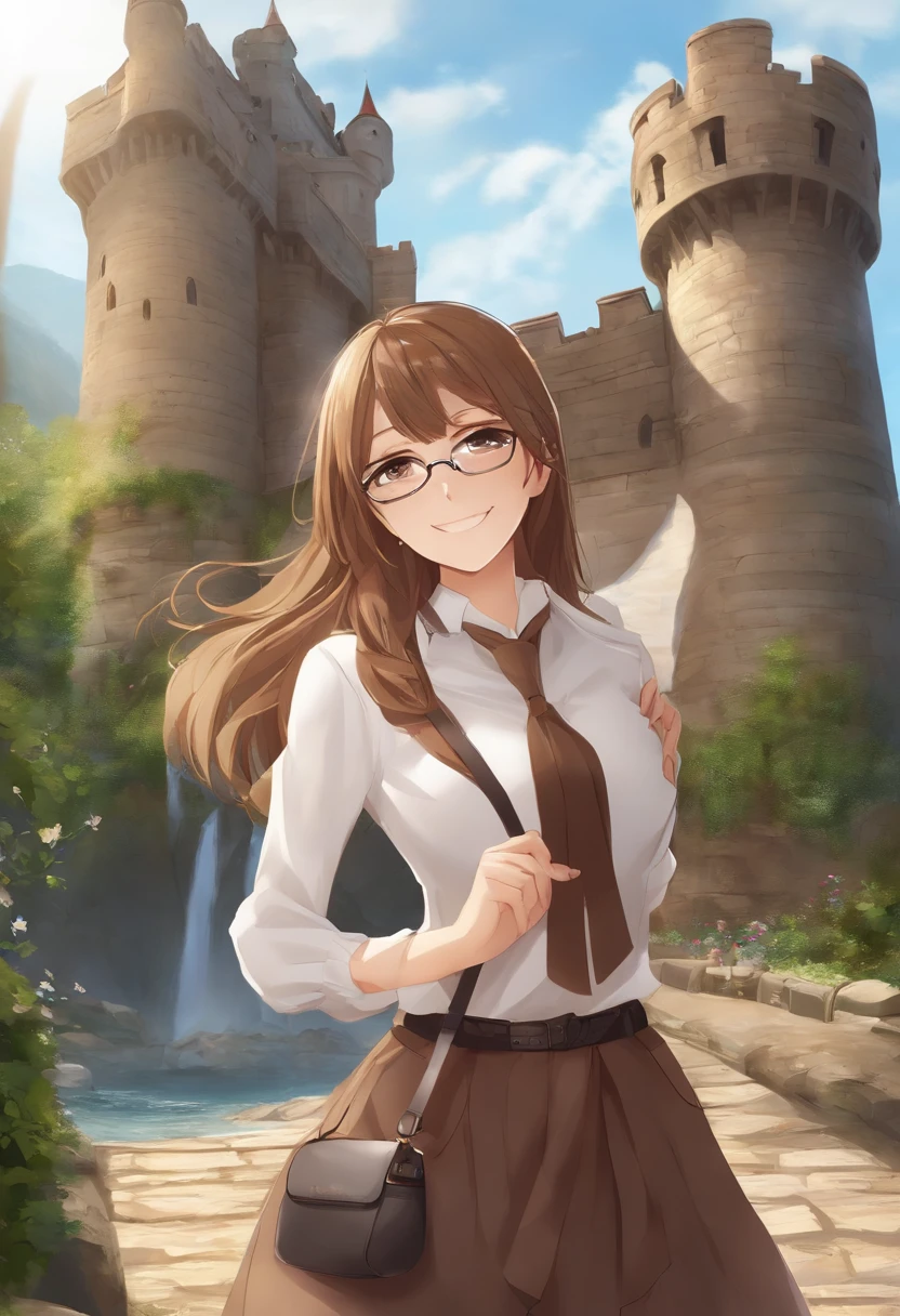 Masterpiece, anime big breast, Cute, Romantic, Best quality, 2others, couple, mature, Adult, Height difference, Different fashions, different colors, Casual clothes, Long sleeves, Smile, cheerfulness, Love, Swirling wind, Blue sky, Long-haired man, Man with light brown hair, Black Haired Woman, Woman with long hair, Woman with glasses, Castle, waterfallr