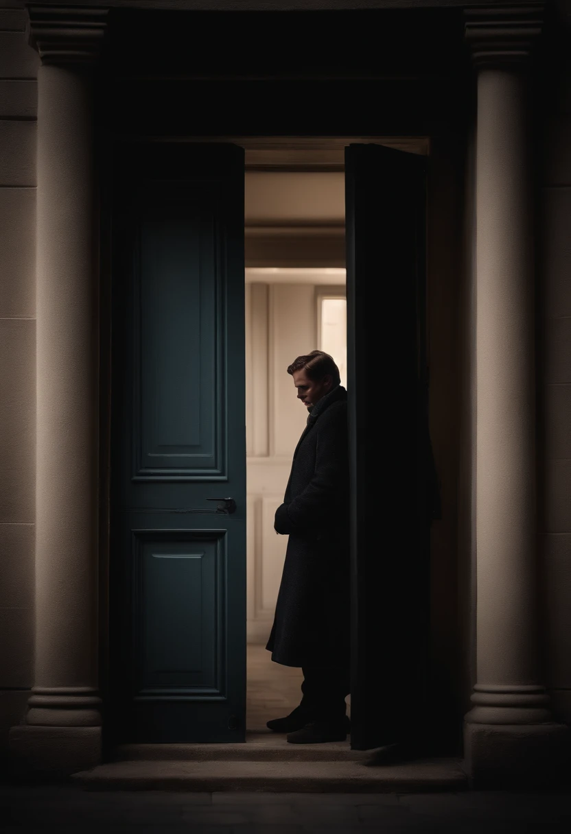 "Design a chilling scene where a person sits shivering in front of a slightly ajar door."