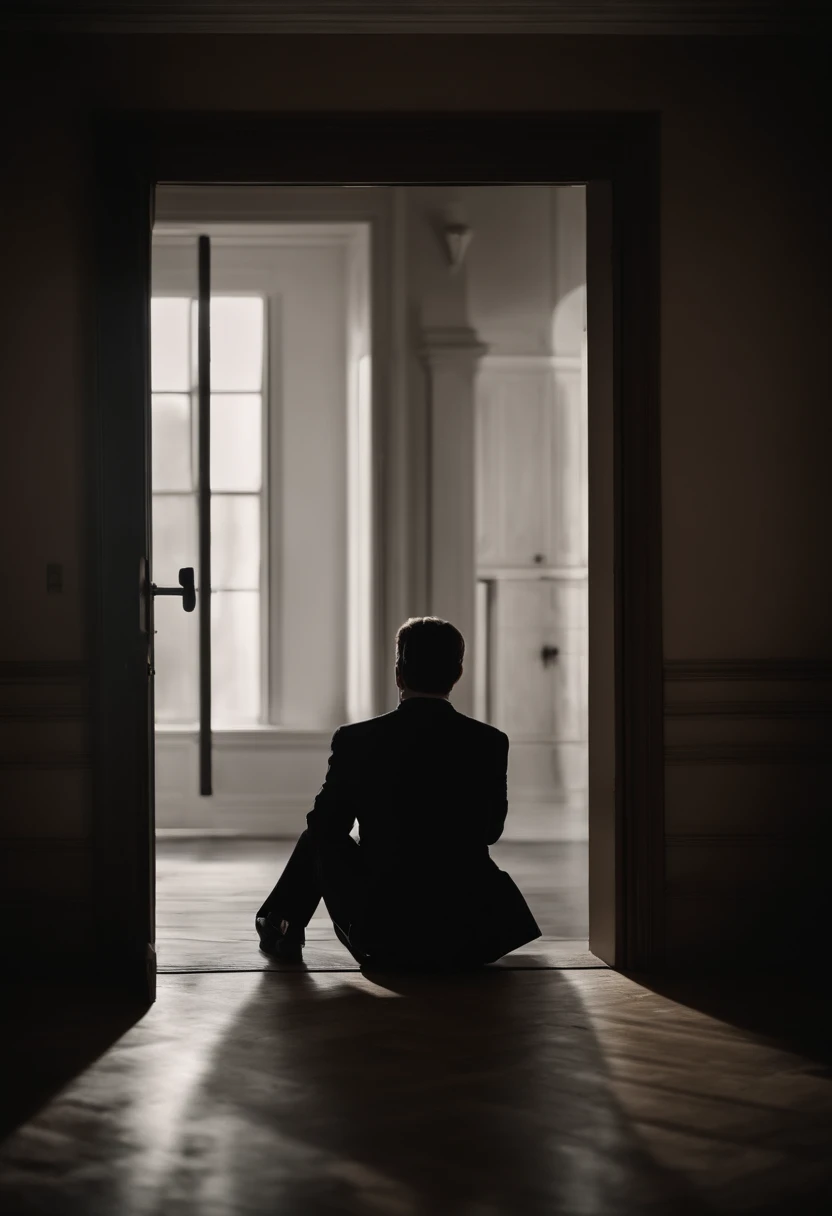 "Design a chilling scene where a person sits shivering in front of a slightly ajar door."