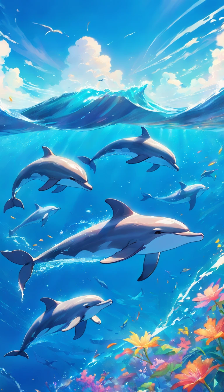 Painting of a pod of dolphins swimming in colorful ocean, Look up at the composition，sky whales, Inspired by Cyril Rolando, dreamy psychedelic anime, colorful anime movie background, A beautiful artwork illustration, author：Shitao, colorful concept art, Makoto Shinkai Cyril Rolando, In the style of Cyril Rolando, flying whale, Highly detailed watercolor 8K, highly detailed water colour 8 k，octane，Fine，Realistic，8K，Estilo de Makoto Shinkai( reasonable design, Clear lines, High sharpness,Best quality, Very detailed, Masterpiece, movie light effect, 4K )