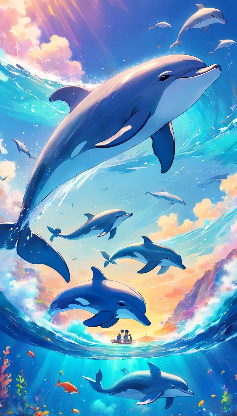 Painting of a pod of dolphins swimming in colorful ocean, Look up at the composition，sky whales, Inspired by Cyril Rolando, dreamy psychedelic anime, colorful anime movie background, A beautiful artwork illustration, author：Shitao, colorful concept art, Makoto Shinkai Cyril Rolando, In the style of Cyril Rolando, flying whale, Highly detailed watercolor 8K, highly detailed water colour 8 k，octane，Fine，Realistic，8K，Estilo de Makoto Shinkai( reasonable design, Clear lines, High sharpness,Best quality, Very detailed, Masterpiece, movie light effect, 4K )