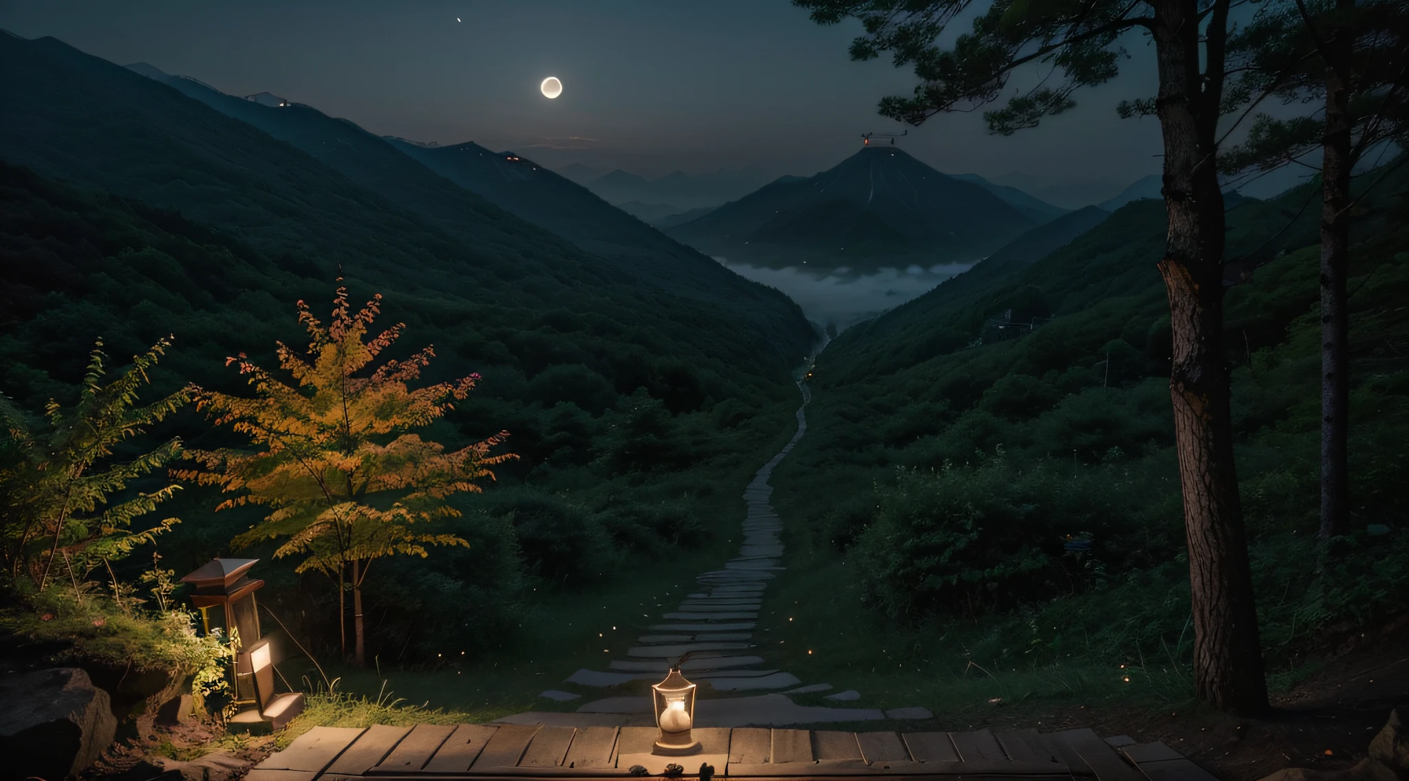 Climbing a lush mountain in Korea. There is a walking path in the forest, and there is a meditation stand at the end of the path (center of photo). There is a lit candle on the table. The moon hangs over the trees and a thick fog blooms throughout the space.
This is the view from the floor.