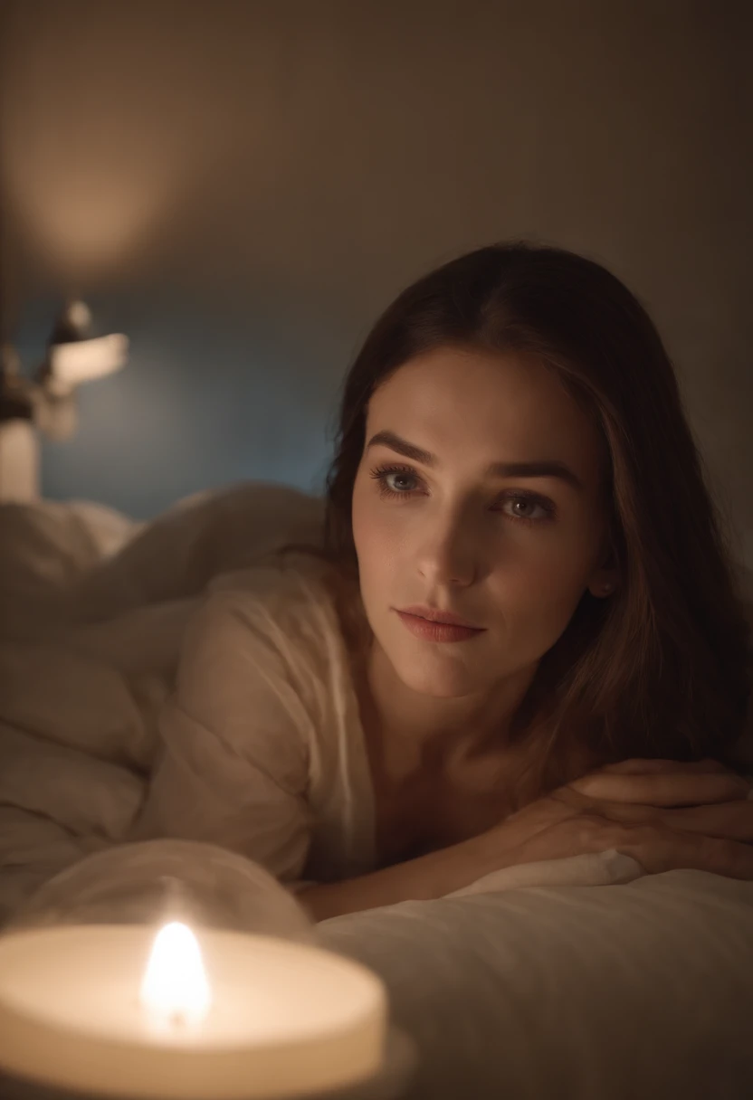 "Create a mysterious scene depicting a person who turns off the lights and gets into bed for the night."