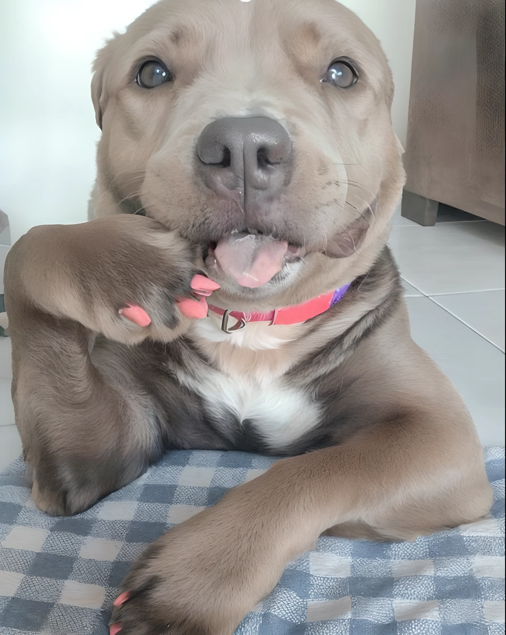There's a dog that's lying on a checkered blanket, segurando as patas, nariz rosa pontiagudo longo, she has beautiful bone structure, Tongue out, nariz rosa, ela tem um rosto bonito, bela imagem de vira-lata, ela tem cerca de 1 6 anos de idade, peludo bonito precisa de sua ajuda, ela tem um rosto expressivo bonito, holding it out to the camera