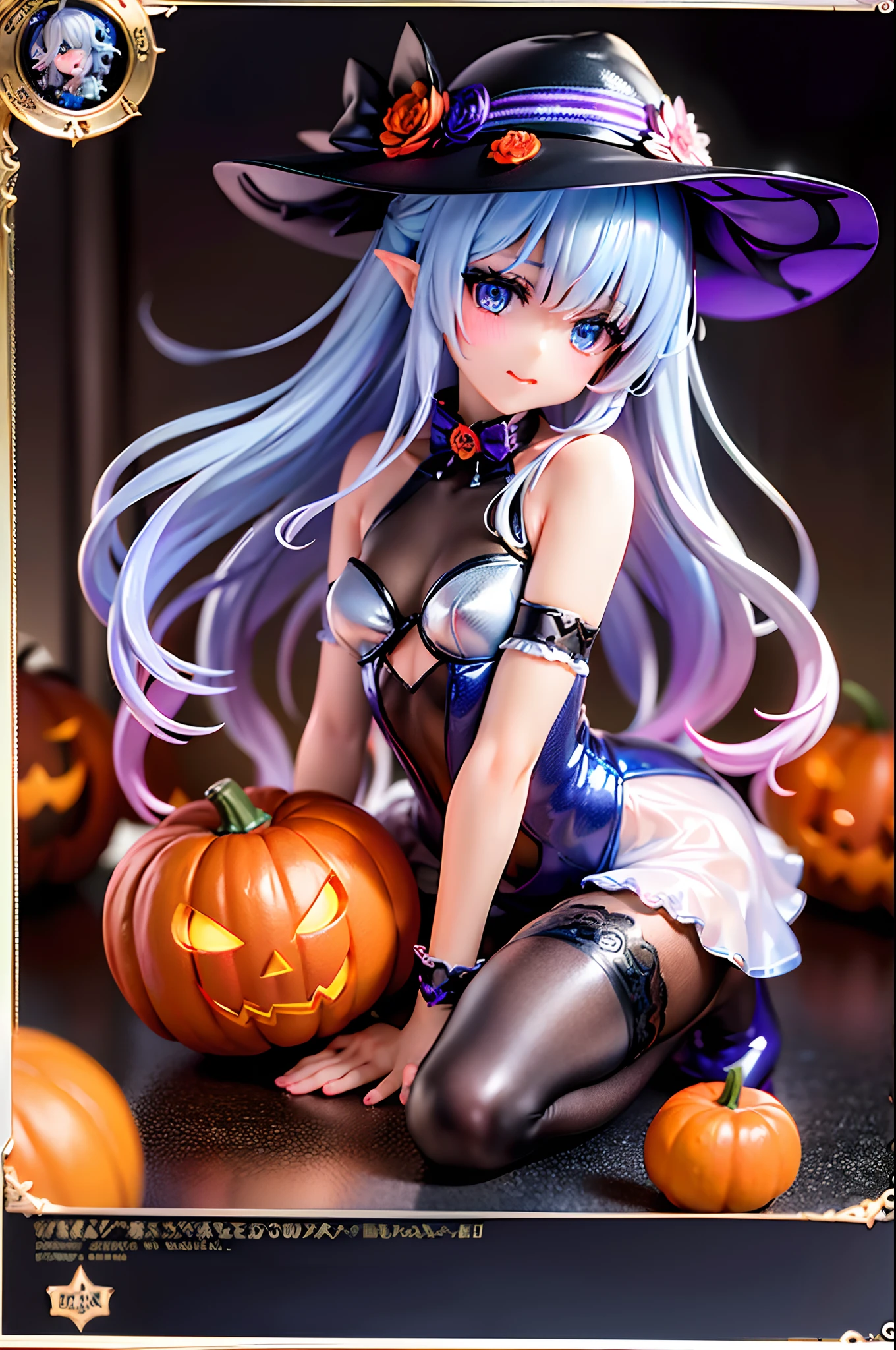 Halloween Hat、full body shot、PVC figure style、Dark Blue long hair, Halloween Designer、Halloween Supermodel、makeup、Glossy lips、Shining blue eyes、(realisitic、hight resolution)、(1 girl in)、Do-Up Eye、Korean Girl、(Best Quality), (masutepiece), (1girl in), Solo, a beauty girl, Perfect face, Highly detailed airbrush art((Surreal))、Volumetric lighting、(top-quality)、The ultra-detailliert、Highly detailed colorful details、(Bright lighting)、dynamic compositions、ultra-detailliert、nffsw、Her eyes are glowing blue、Background Halloween、pumpkins、